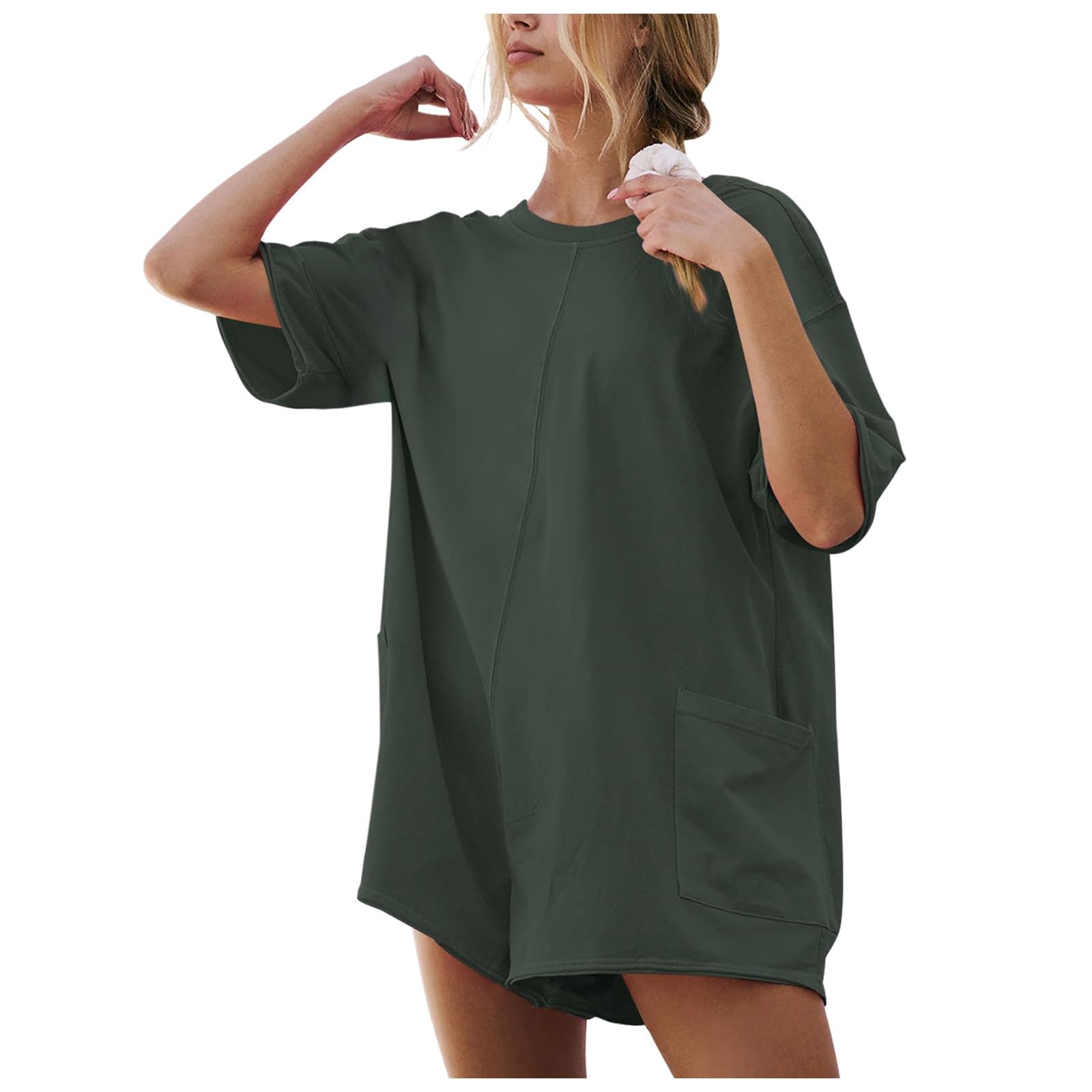 Salopette Da Lavoro Donna，Pantaloni Curvy Donna Estivi Vita Alta，Stile Boyfriend Oversize Ampio Comodo Elasticizzato Con Ampie Tasche Pantaloncini A Maniche Corte Tute