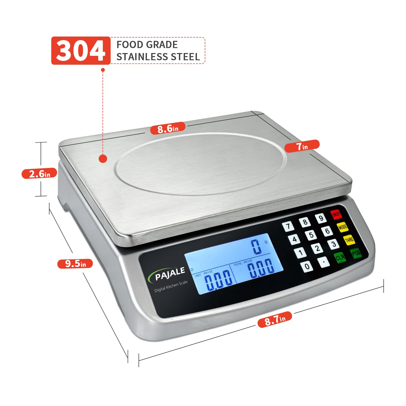 Bilancia da cucina commerciale da 30 kg con calcolo dei prezzi, 1 g, bilancia digitale in acciaio inox 304 per lievito madre, pane, cottura, carne, ristorante, verdure, fattoria