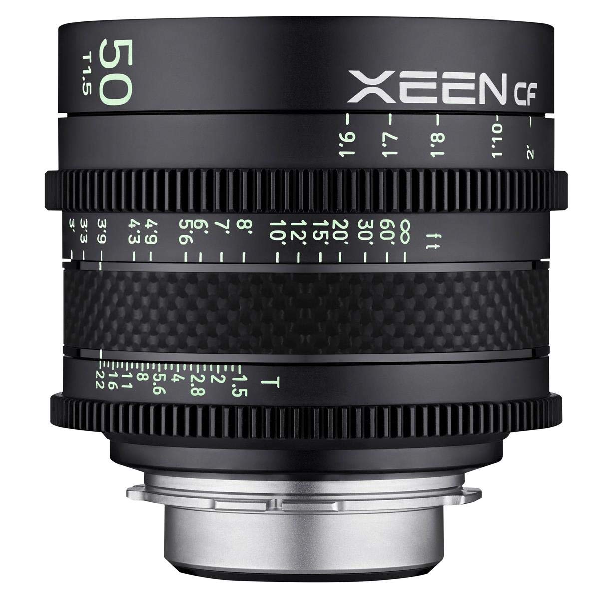 ROKINON XEEN Cf 50 mm T1.5 Pro Kinoobjektiv mit Kohlefaser-Konstruktion und leuchtenden Markierungen für Sony E Mount