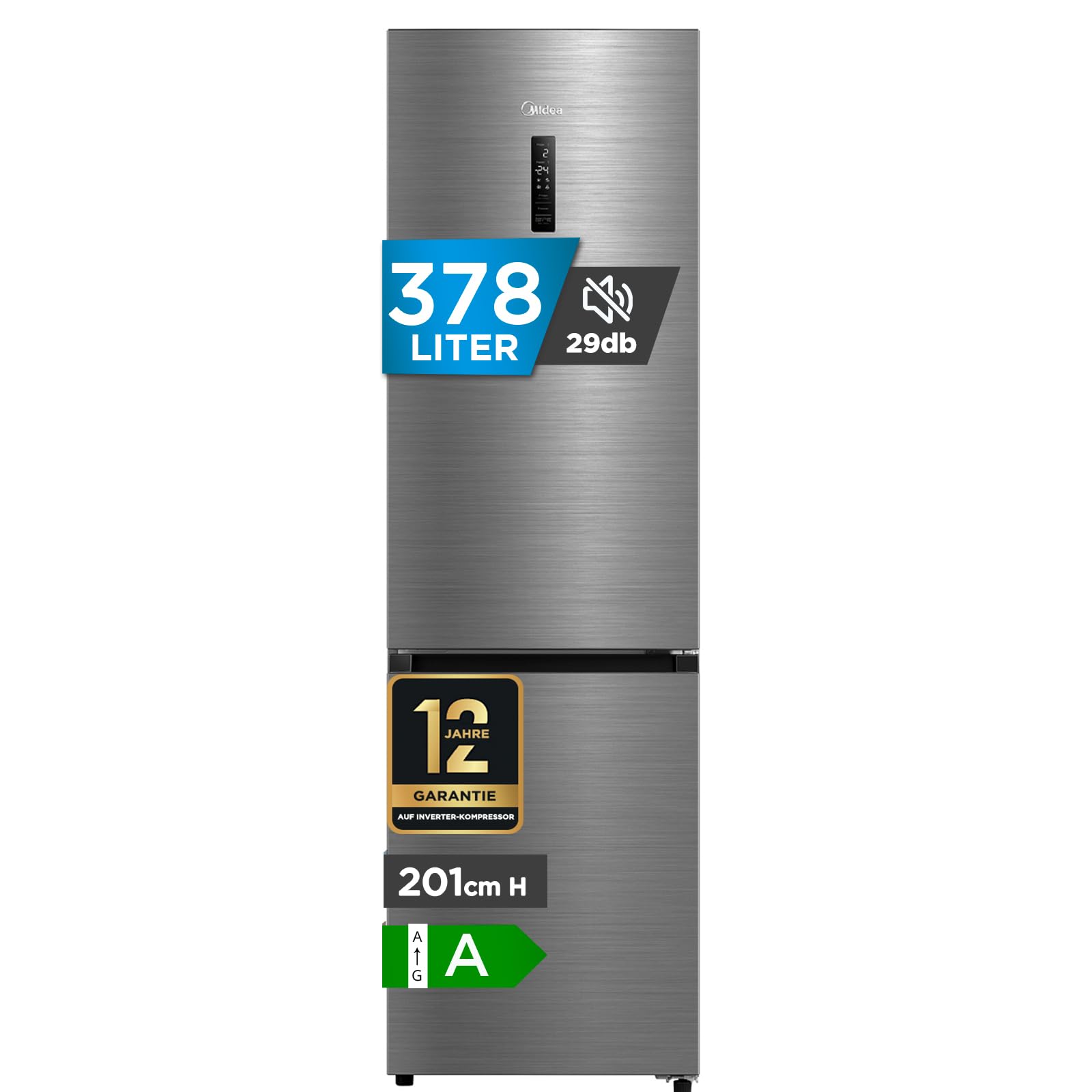 Midea Kühlschrank mit Gefrierfach MDRB521MGA46O | 378L Kühl-Gefrierkombination (256L + 122L) | Inverter Kompressor, NoFrost, Metal Cooling | Leise 29 dB, 113 kWh/Jahr | 201 cm Höhe, ‎ Edelstahl