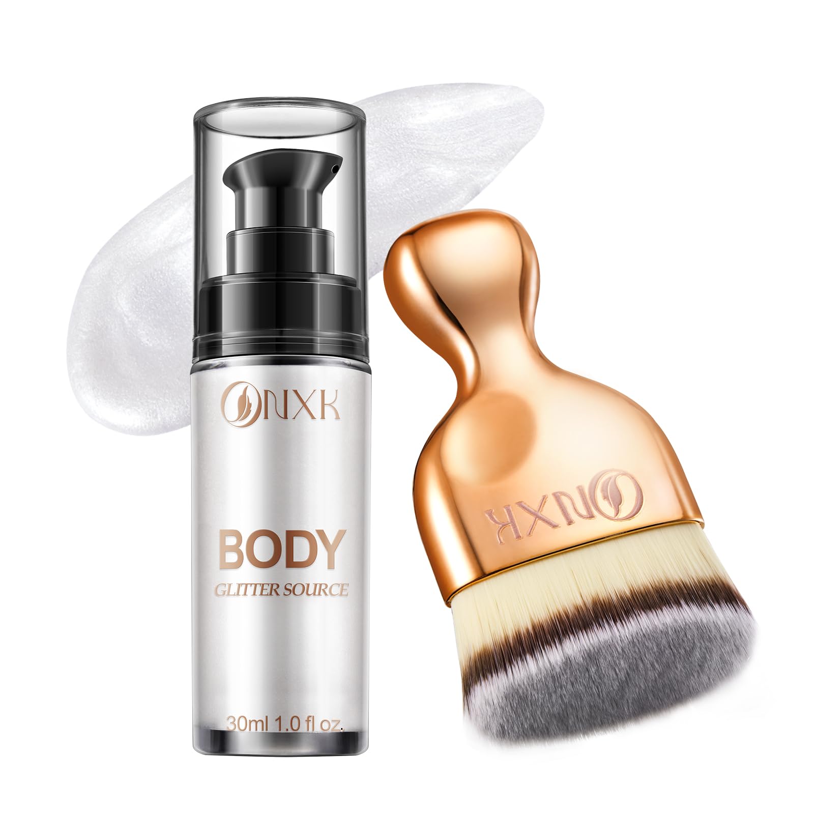 Body Glitter Oil Liquid Luminizer - Glow Hightlighter Shimmer Oil Illuminator Waterproof Long Lasting Moisturizing for Body & Face Bronzer Smooth Lotion with Makeup Brush by ONXK(#01 Moonlight White)