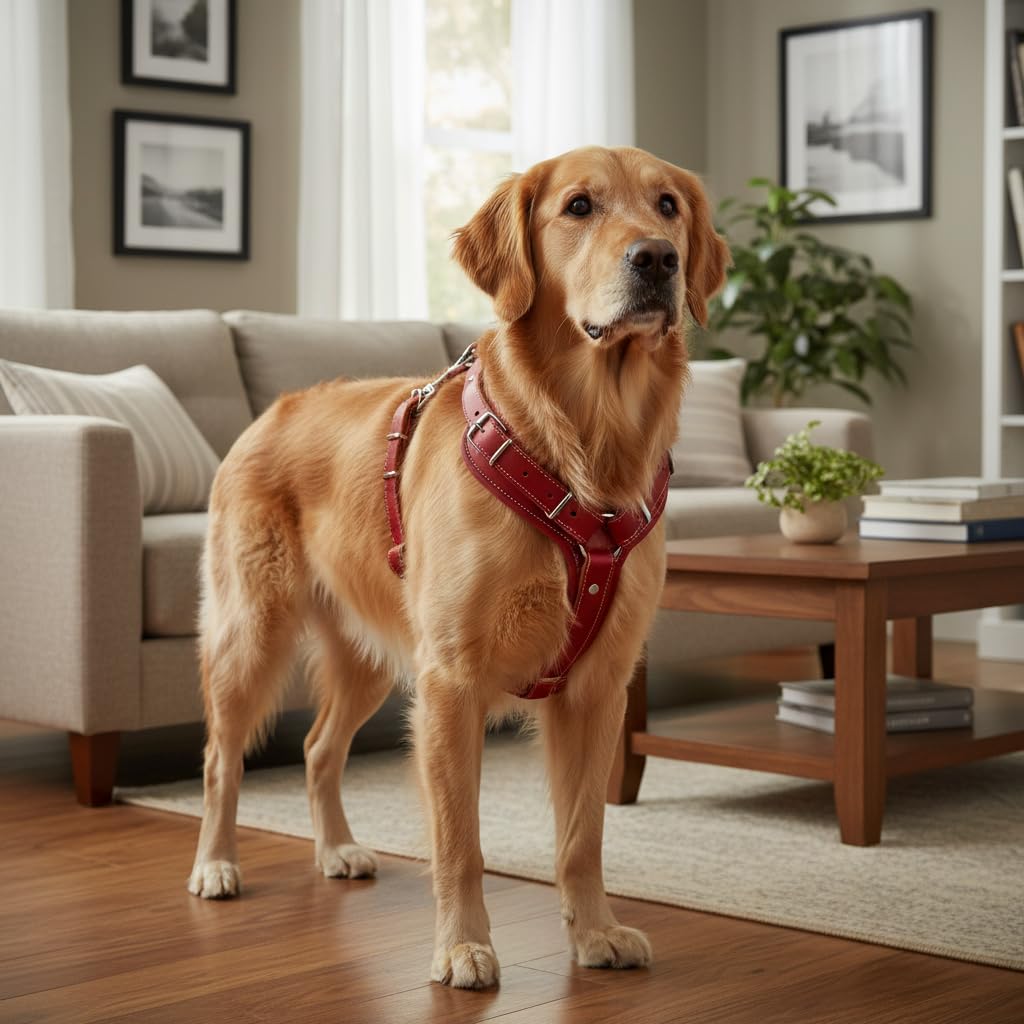 JACK AND VANILLA, Arnés de Piel Resistente Rojo para Perro, Ajustable de 65 a 90 cm, Ancho 25 mm, diseño Elegante y Seguridad óptima para Tus Paseos, Modelo de Piel