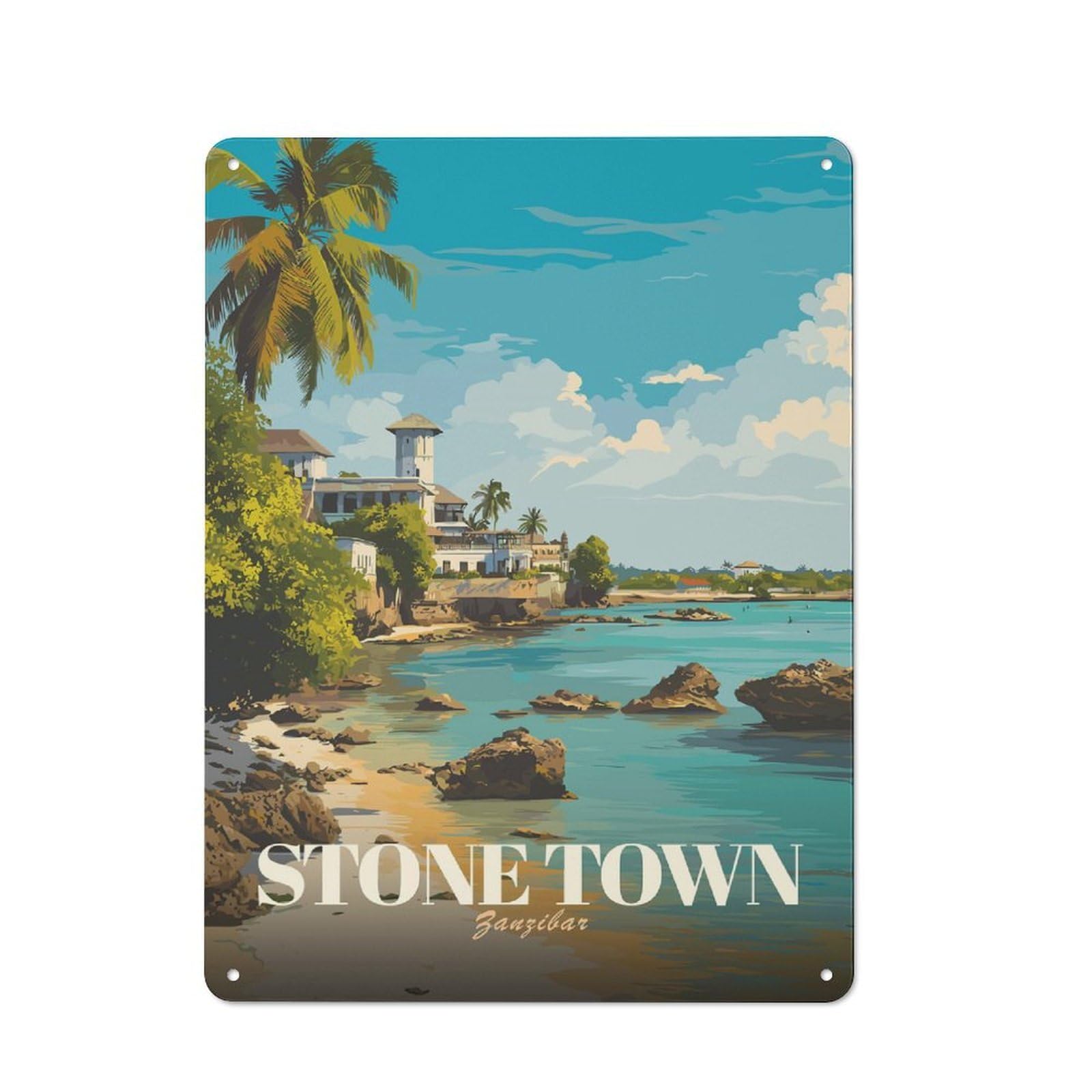 Junmoney Style-3 Stone Town Zanzibar Travel Creative Metal Wall Decor 40X30cm, Decorative Metal Sign For Office, Study, Studio Or Hallway