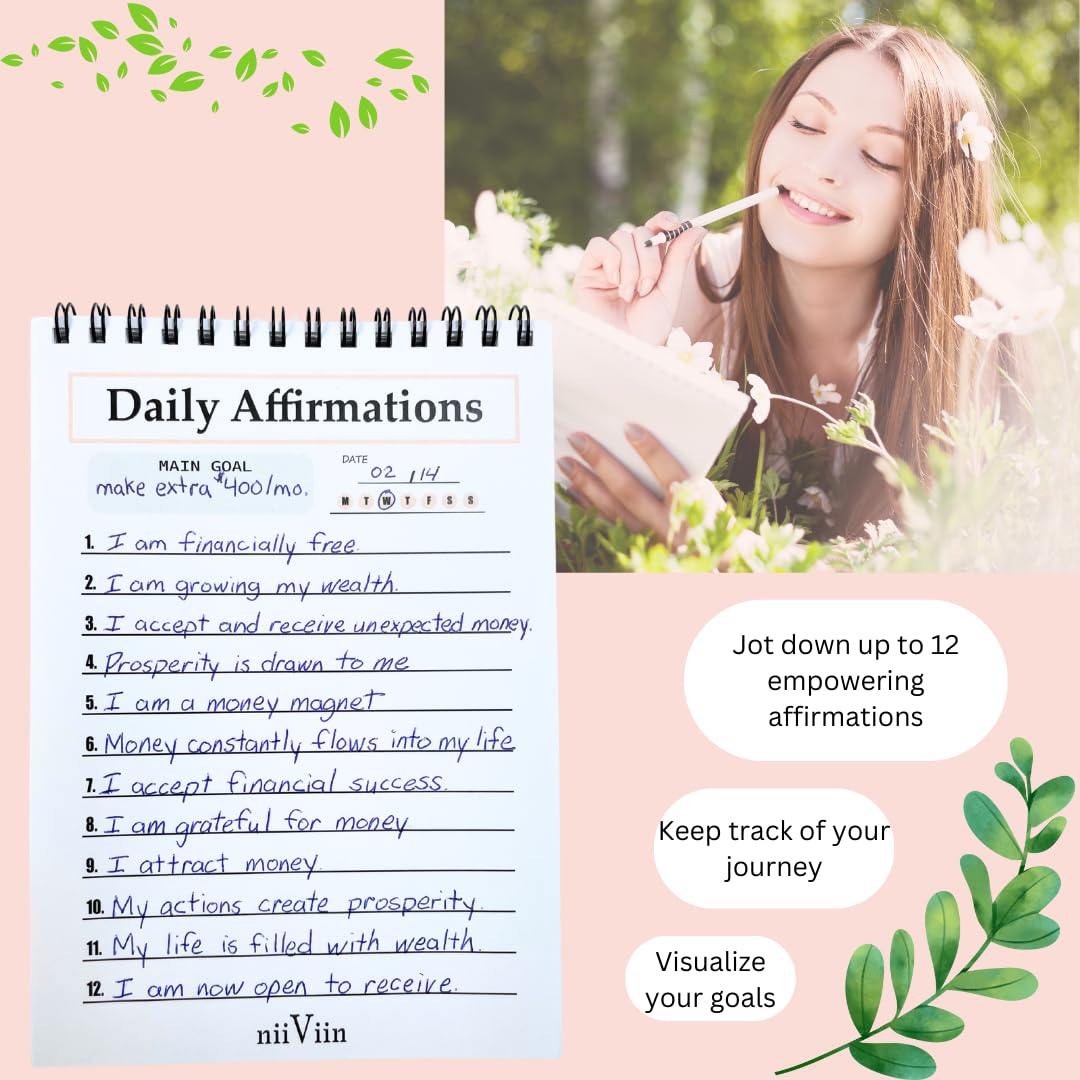 NIIVIIN Afirmaciones diarias para mujeres, cuaderno rosa de 50 páginas para escribir tus afirmaciones positivas, regalos motivacionales para mujeres, bonito diario personal, bloc de espiral de 5 x 7