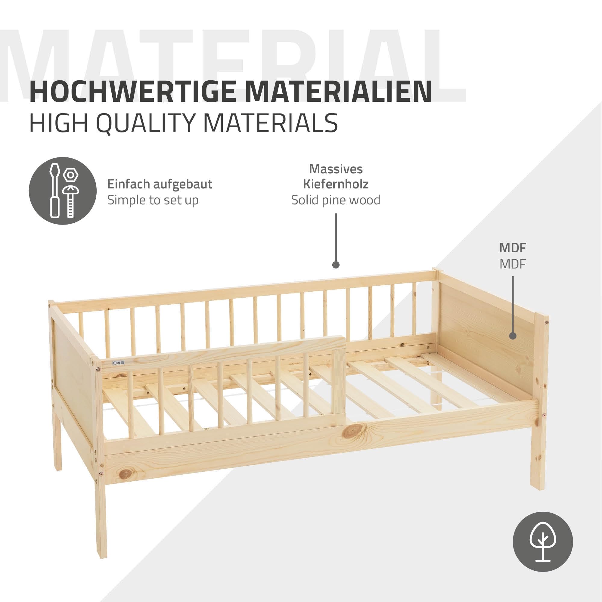ML-Design Cama Infantil Natural con Colchón De Espuma Fría 70x140cm Madera de Pino Maciza con Somier de Láminas y Protección Anticaída Estructura Robusta Mueble de Dormitorio para Niños/Bebés