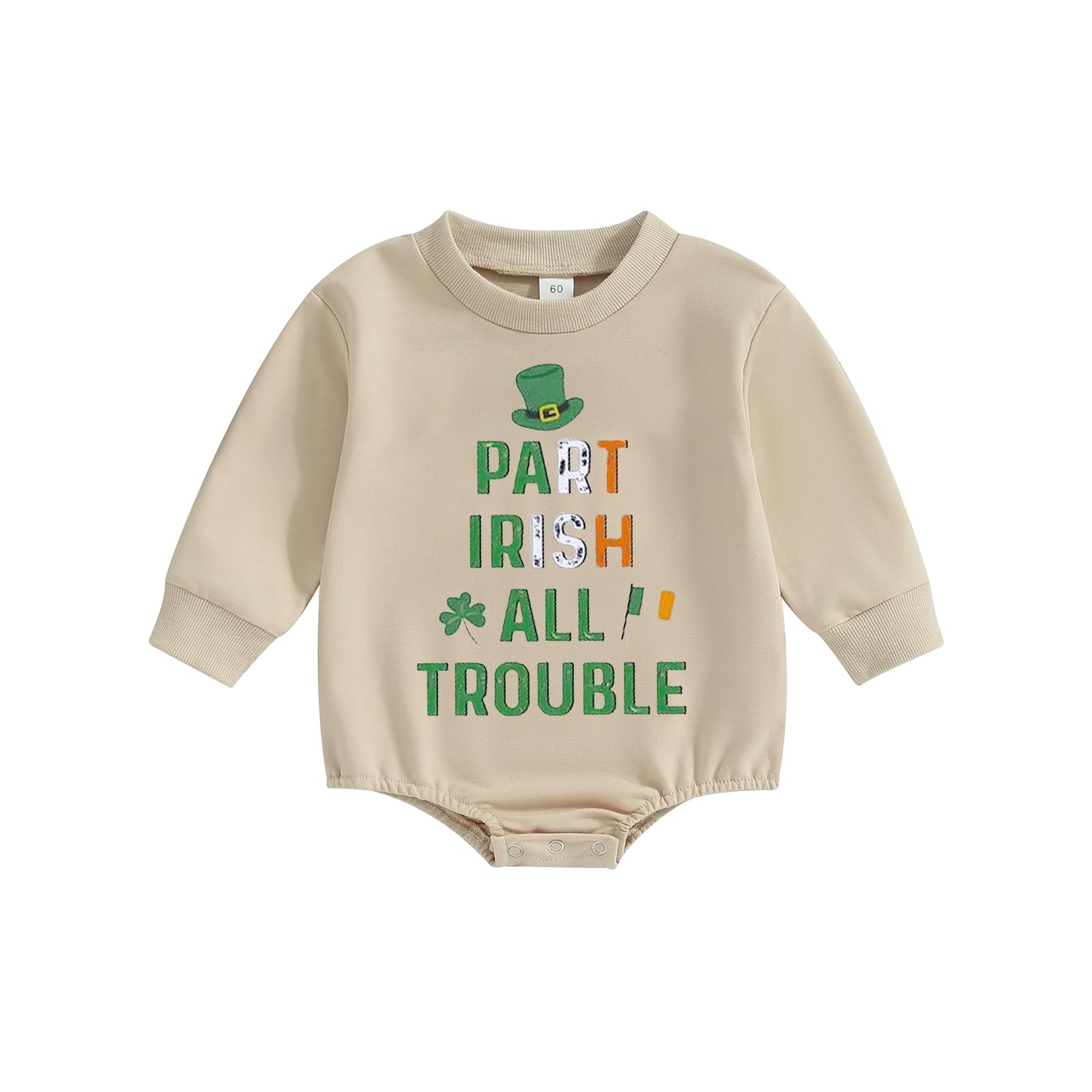 Newborn St Patricks Day Baby Girl Boy Outfit Letters Print Long Sleeve Romper Clover Onesie First St Patricks Day(A-Beige,0-3 Months)