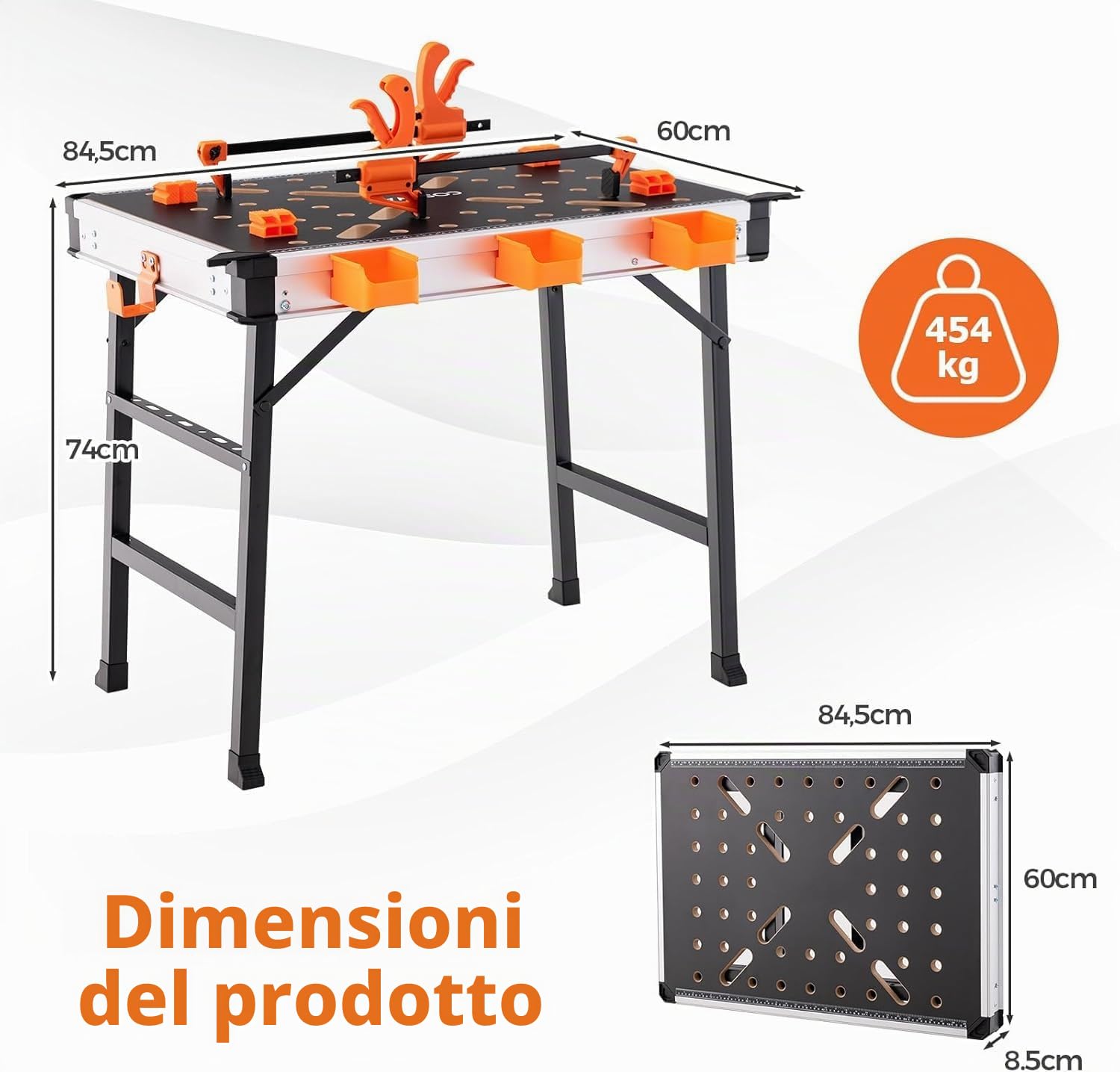 FANTASK Tavolo da lavoro pieghevole, portata fino a 454 kg, tavolo degli attrezzi per garage officina, banco da lavoro con 2 morsetti rapidi, 4 ganci a morsetto, 3 cassette degli attrezzi e telaio in