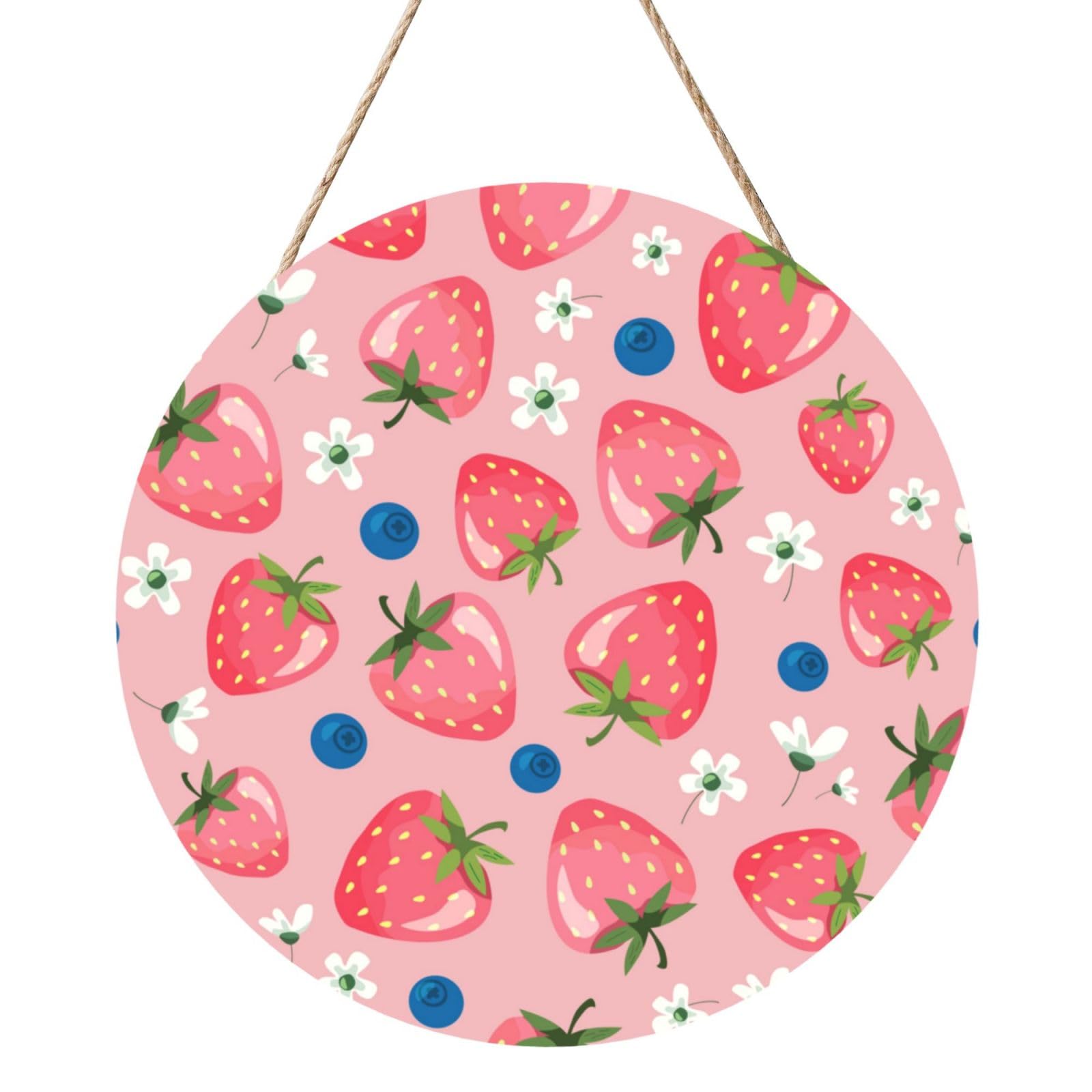 InOmak Lovely Pink Strawberry, Round Wood Panel Painting 12 in, Wall Hanging Painting For Home