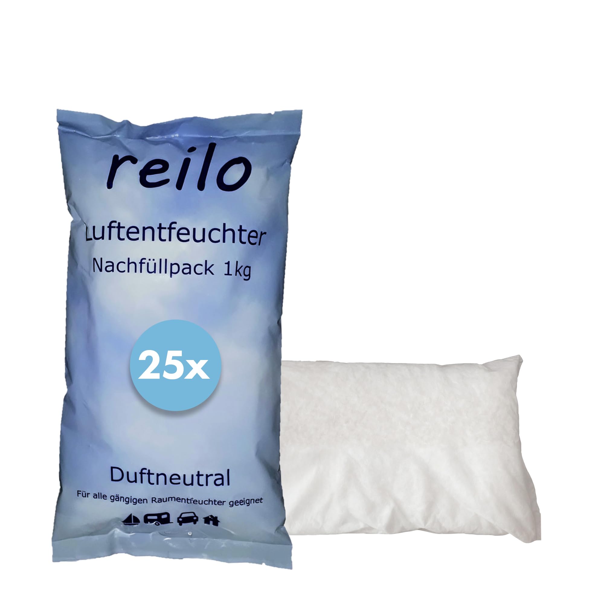 reilo 25x 1kg Luftentfeuchter Granulat (Calciumchlorid), Raumentfeuchter im Vliesbeutel, Nachfüllpacks für Luftentfeuchterboxen 900 bis 1200 g, Staffelpreis, für Auto, Schlafzimmer, Keller