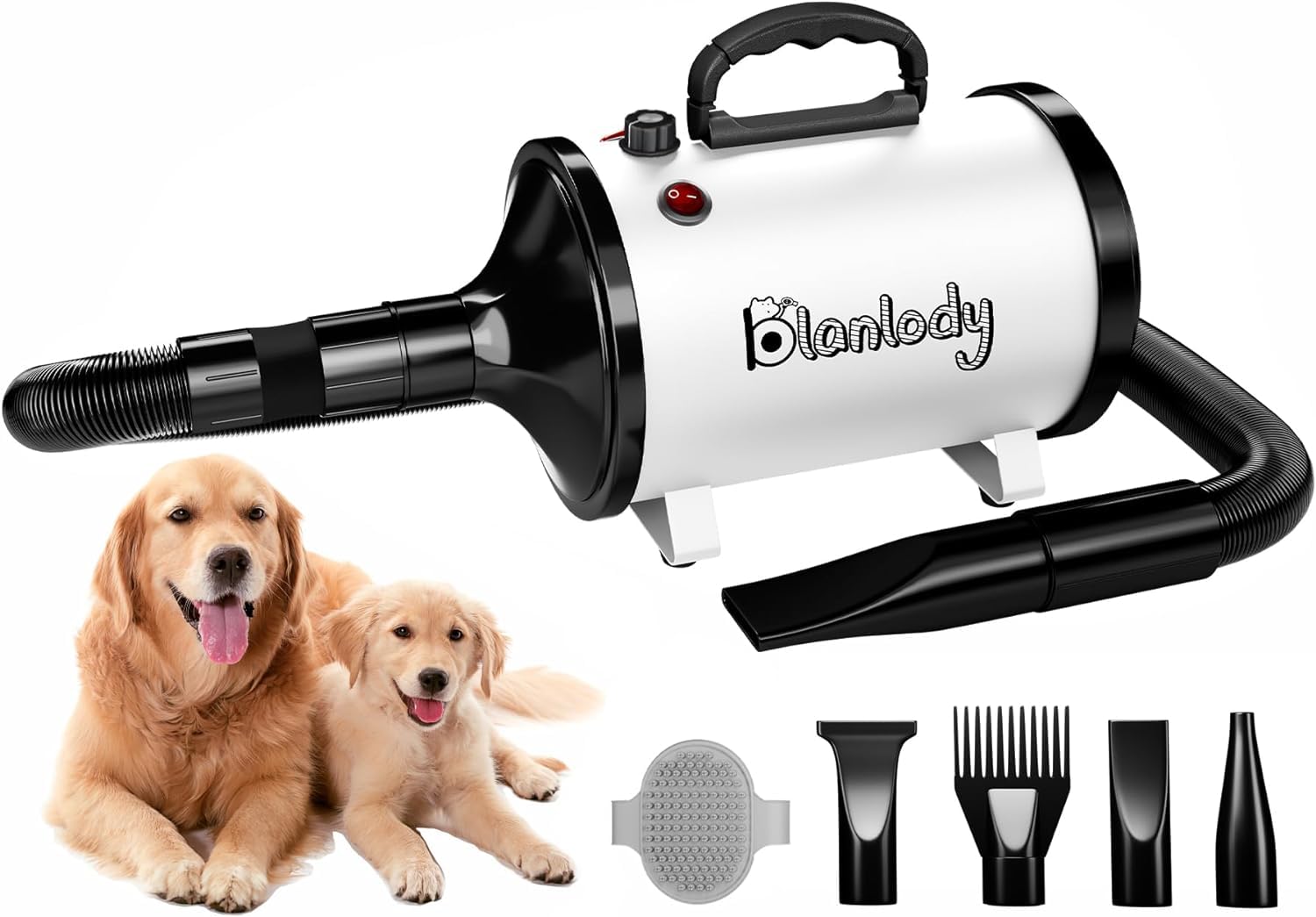 Blanlody Dog Hair Dryer Blaster 3200W/4.5HP Pet Grooming Hair Dryer Low Noise Temperature Heater with 4 Different Nozzles and Pet Grooming Brush