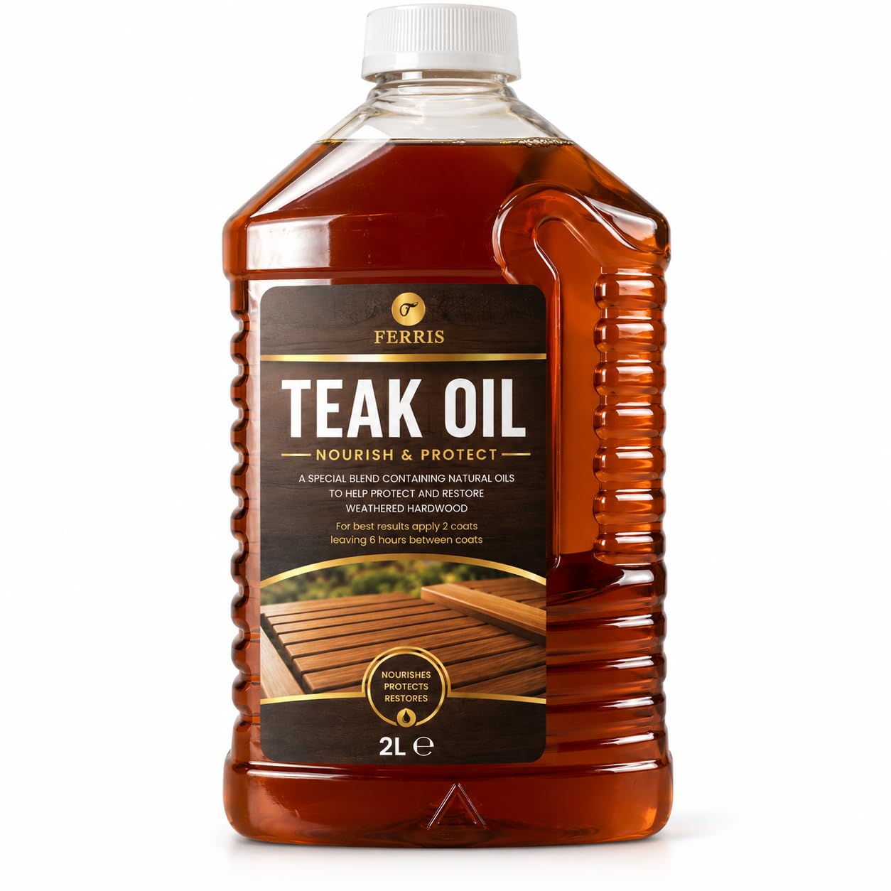 FERRIS | Teak Oil (2 Litre) Premium Wood Treatment for Garden Furniture, Decking & Indoor Use | Easy Application, Protects Hardwood & Ideal for Teak, Oak or Mahogany - UV & Weather Resistant