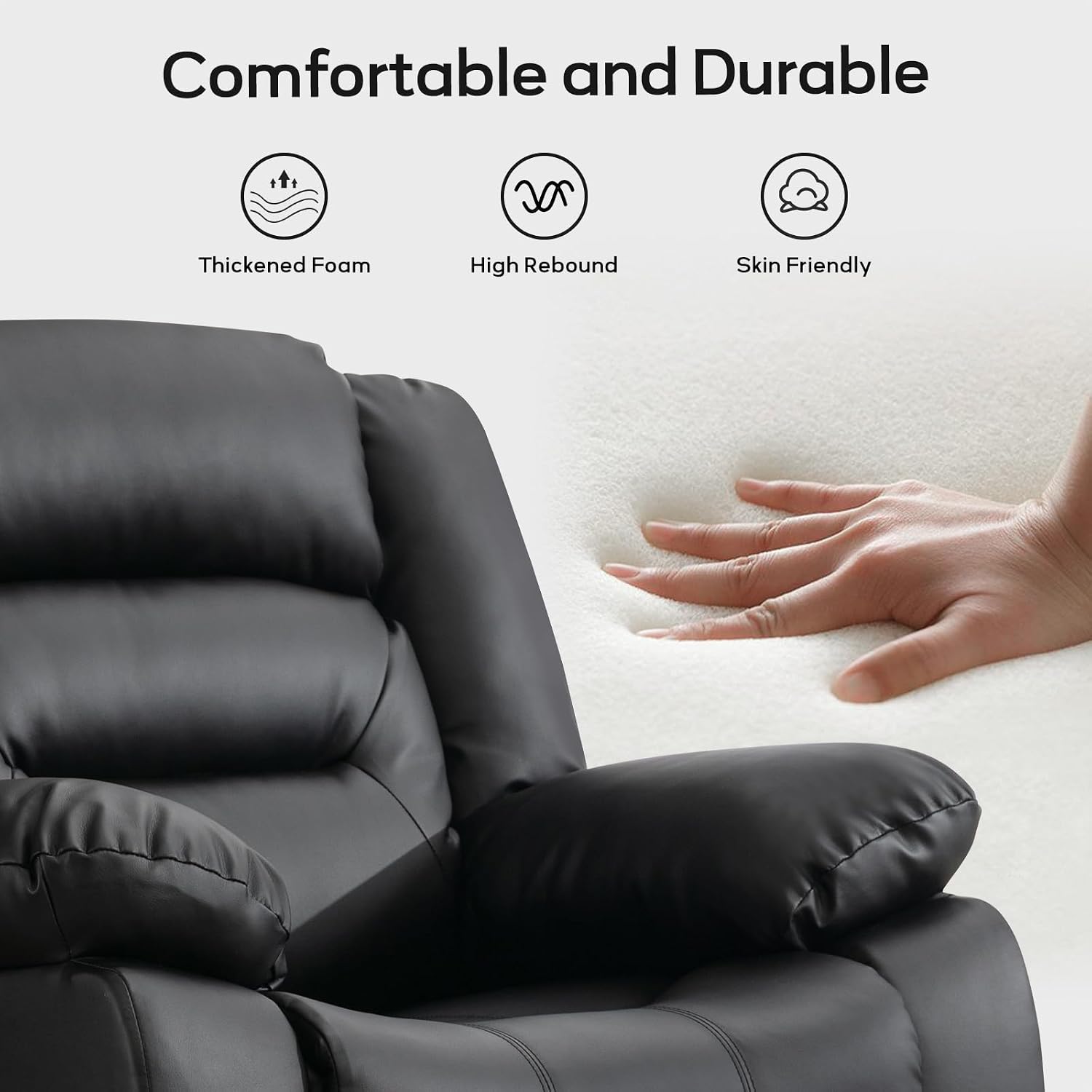 EBELLO Faux Leather Power Recliner Chair, Oversized Electric Overstuffed Reclining Chair with Thick Cushion and Back, Single Sofa with Comfortable Armrest, USB Charge Port, Black (Recliner)