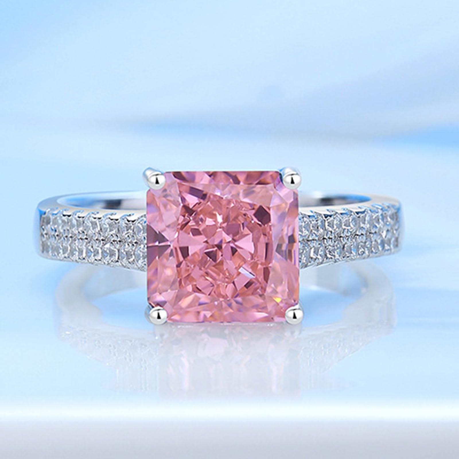 Anello Nuziale, Platino Anello con Zaffiro Padparadscha Quadrato da 3 carati Creato in Laboratorio e moissanite