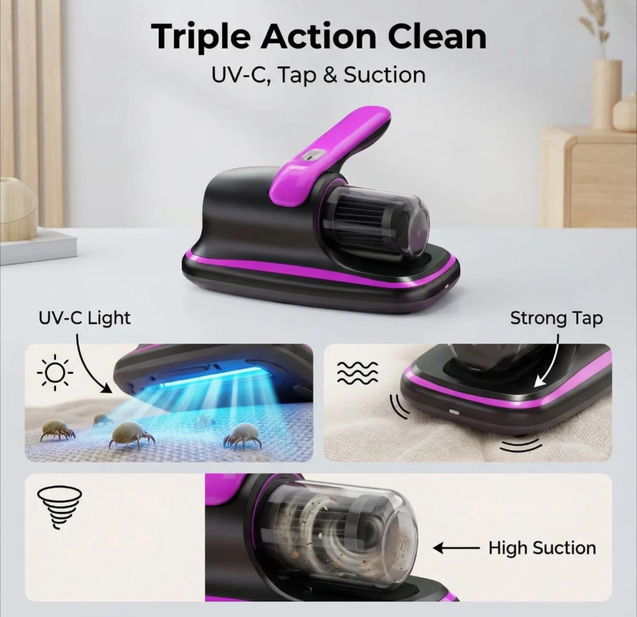 Generico Aspirapolvere Anti Acari UV-C per Materassi e Divani – Aspiratore Antiacaro con Luce UV, Vibrazione Battente e Aspirazione Potente – Pulizia Profonda per Letti, Tappeti e Tessuti
