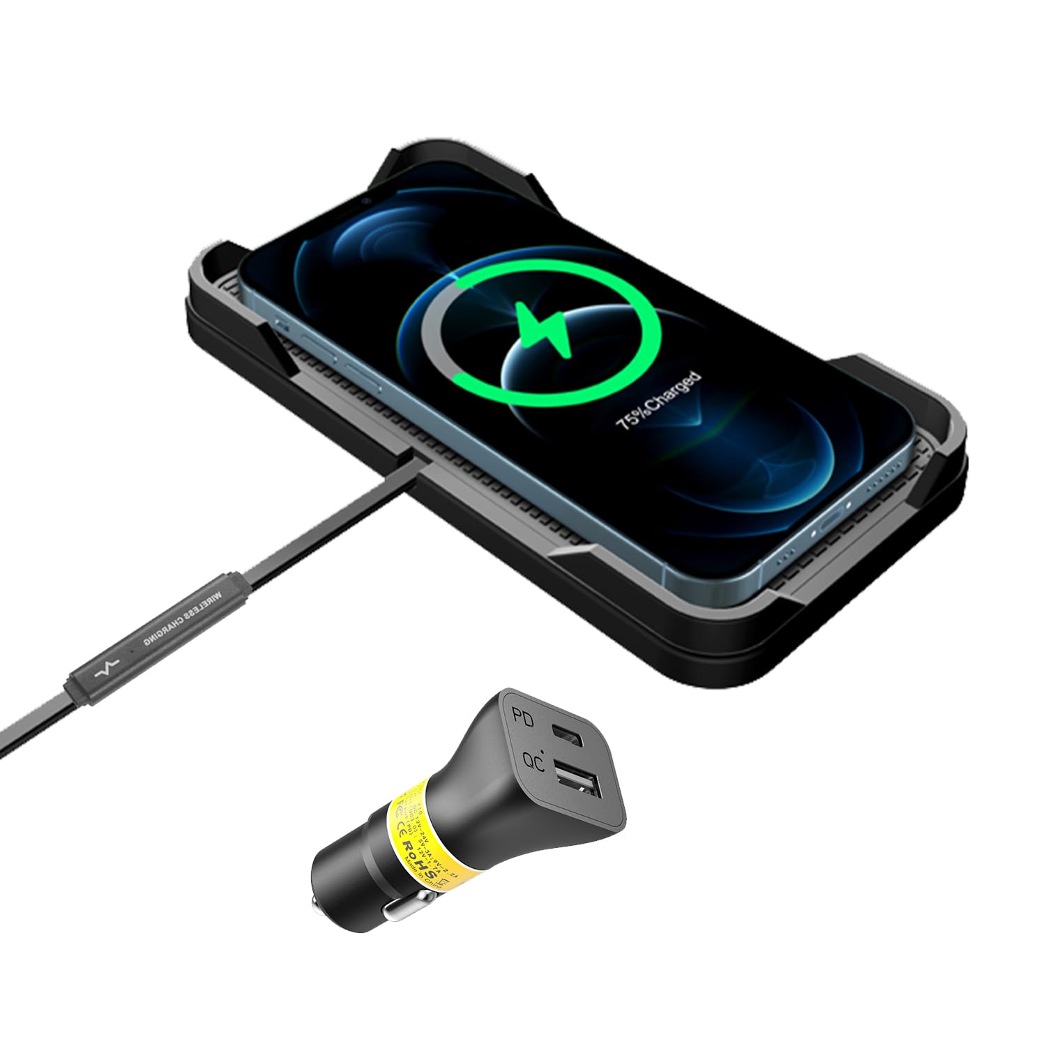 POLMXS - Caricabatterie wireless per auto, 15 W, veloce caricabatterie wireless per telefono cellulare, tappetino di ricarica compatibile con iPhone 11/12/12/14/15, Galaxy S21/S22/S23/24 (C12Y)