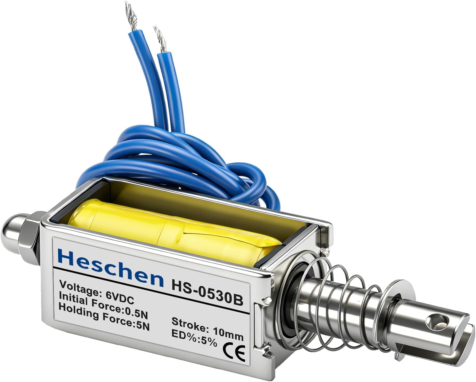 Heschen DC6V 3.4A DC Solenoid Electromagnet, 10mm Stroke, HS-0530B | Initial Force 0.5N, Max Keep Force 5N, Open Frame, Linear Motion, Push Pull Type