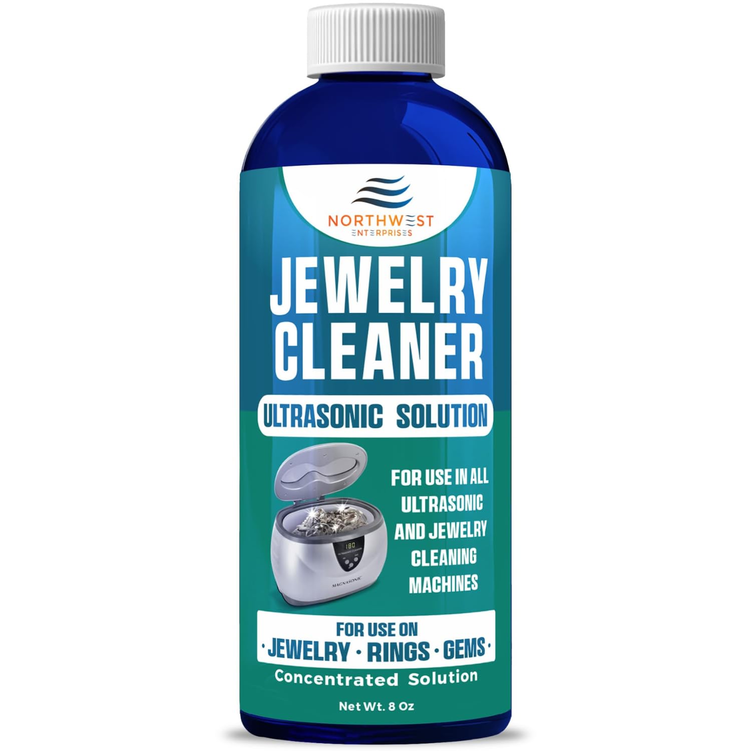 NORTHWEST ENTERPRISESNORTHWEST ENTERPRISES Jewelry Cleaner, Ultrasonic Jewelry Cleaner Solution - Cleans Gold, Silver, Platinum, Diamonds, Non-Porous, & Semi-Precious Jewelry (8 Ounce)[Amazon-developed Certification] Compact by Design