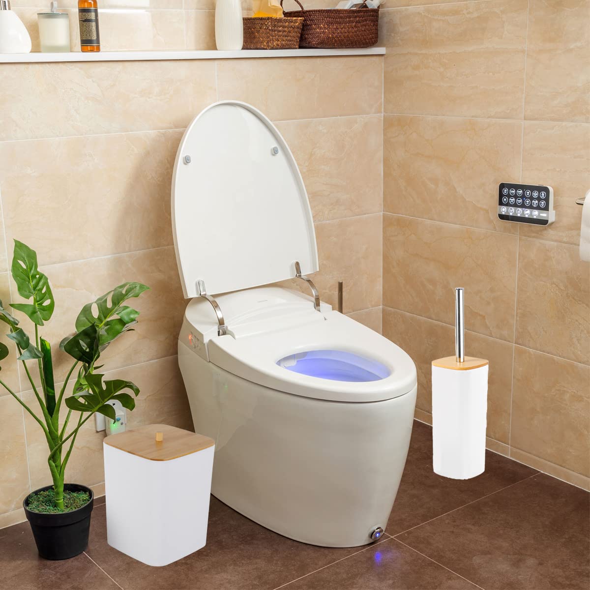 JETAINE 6-teiliges Bambus-Badezimmer-Zubehör-Set, luxuriöses modernes Accessoire, WC-Zubehör mit Mülleimer, Zahnbürstenhalter, Tasse, Seifenschale und Seifenspender
