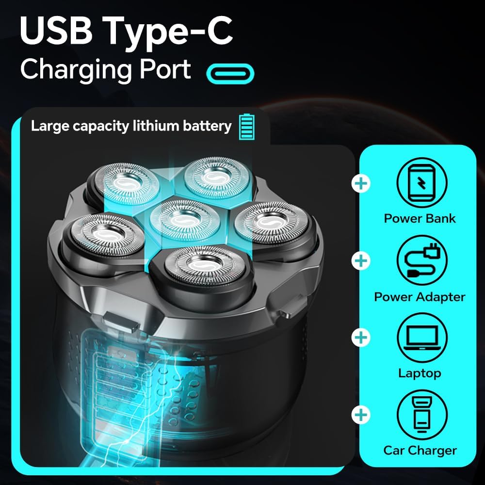 Electric 6D Floating Head Shavers for Bald Men, Magnetic Rotary Shaver for Men Face,Wet Dry IPX6 Men's Razor, LED Display Rechargeable with USB-C Charge