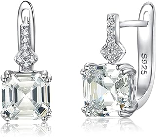 Princess Cut Sterling Silver Hoop Earrings, Lab Simulation Diamond 5A Cubic Zirconia Sterling Silver
