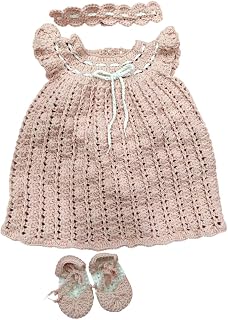 Handmade Crochet Baby Dress Set (Ruby, Beige, Mint Stripe, White) with Booties & Headband – Soft Yarn Newborn Outfit | for... Price In India