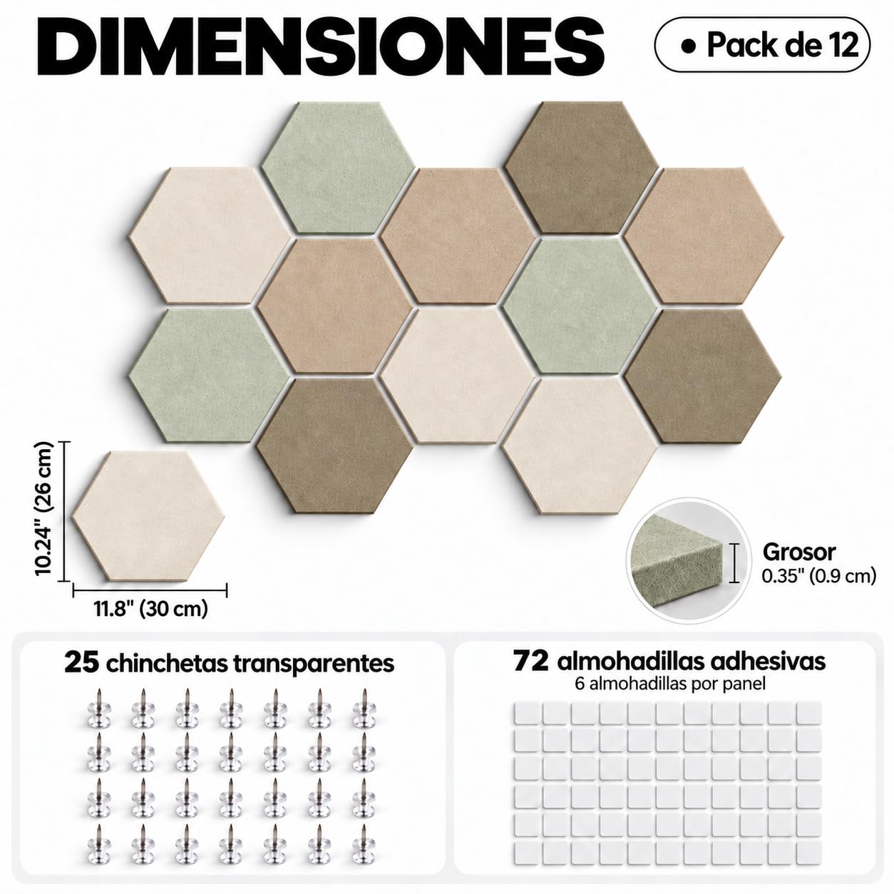 12 Paneles Hexagonales de Fieltro Linen Dusk con 25 Chinchetas y 72 Adhesivos, Tablero de Notas, Vision Board, Panel de Fotos y Organizador de Pared para Oficina, Casa, Colegio y Estudio