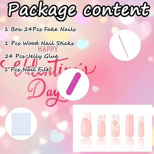 Miniatura 6 de Uñas postizas a presión de punta francesa largas cuadradas, color rosa, con diseños de flores de imitación, pegamento brillante brillante en las