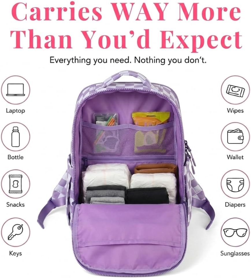 Minimax Checkered Mini Backpack for Women, Roomy Small Backpack with 11 Pockets, Lightweight Hands-Free