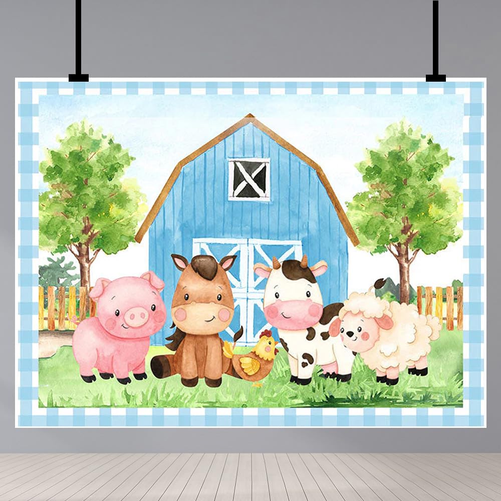 Farm Birthday Backdrops for Children Blue Barn Farm Animals Photography Background Farm Animal Theme Birthday Party Backdrop Decoration Cake Table Banner Photo Studio Props 7x5Ft