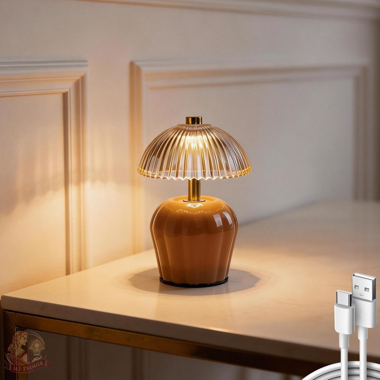 MJ PREMIER Rechargeable Table Lamp, Cordless Lamp with Timer, Mini Glass Mushroom Lampshade, Small Table Lamps, Decorative Led Light for Bedroom Living Room Shelf (Brown)