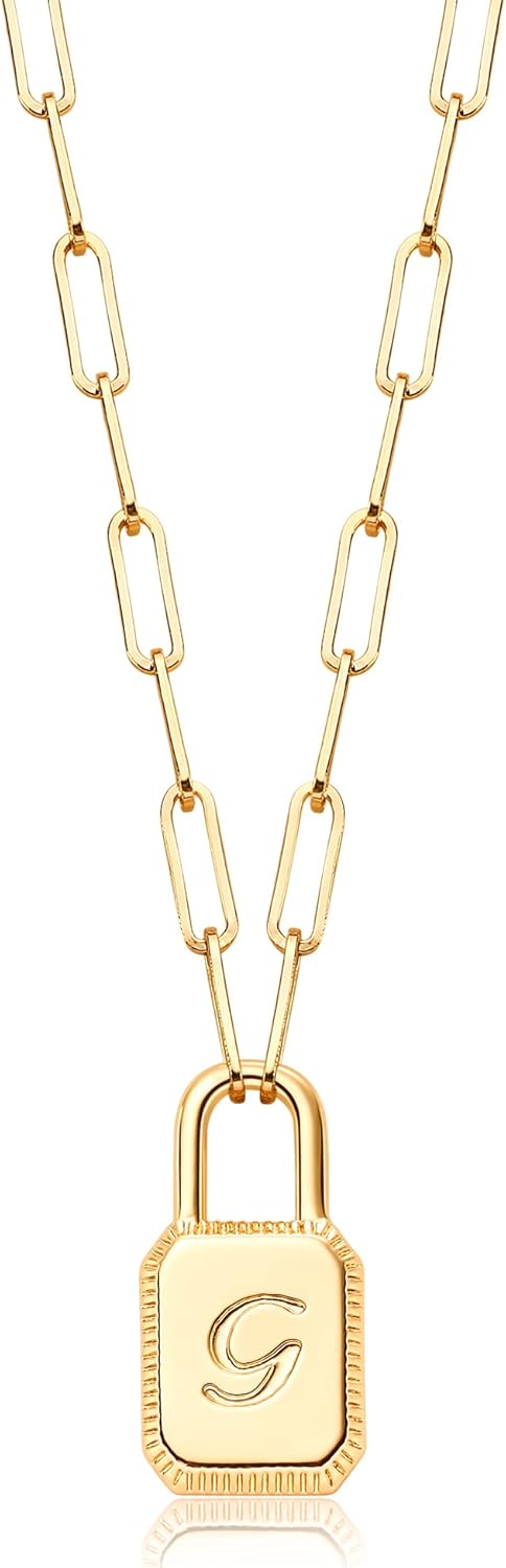 MEVECCO Gold Dainty Initial Lock Necklace 18K Gold Plated Padlock Paperclip Chain Letter Necklaces for Women Minimalist Personalized Jewelry
