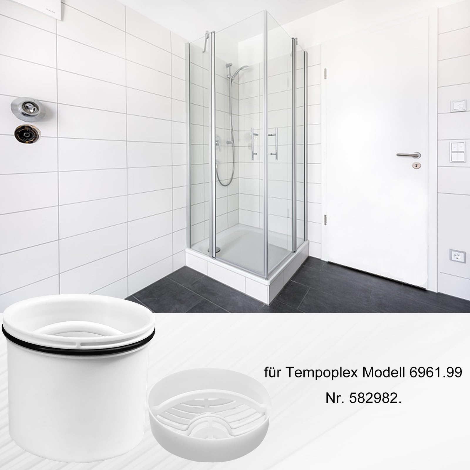 Rura zanurzeniowa do Viega Tempoplex model 6961.99, od roku produkcji 2006, nr 582982, syfon prysznicowy rura zanurzeniowa z uszczelką i 2 odpływami łapacza włosów, średnica 69,6 mm