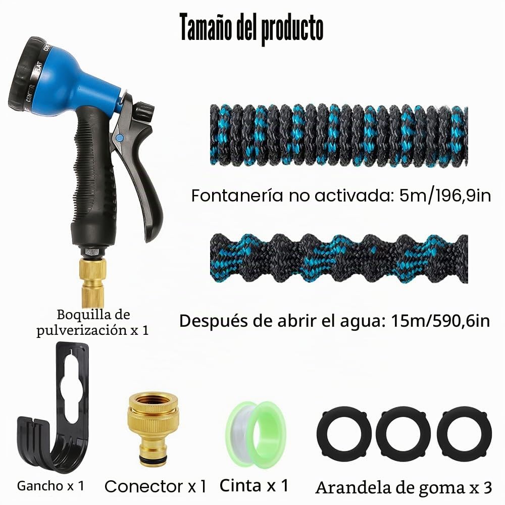 Manguera de jardín flexible de 15 m / 50 pies, manguera de agua flexible con conexiones de latón macizo de 3/4 pulgadas y 1/2 pulgadas, manguera flexible ligera con 10 modos para exteriores