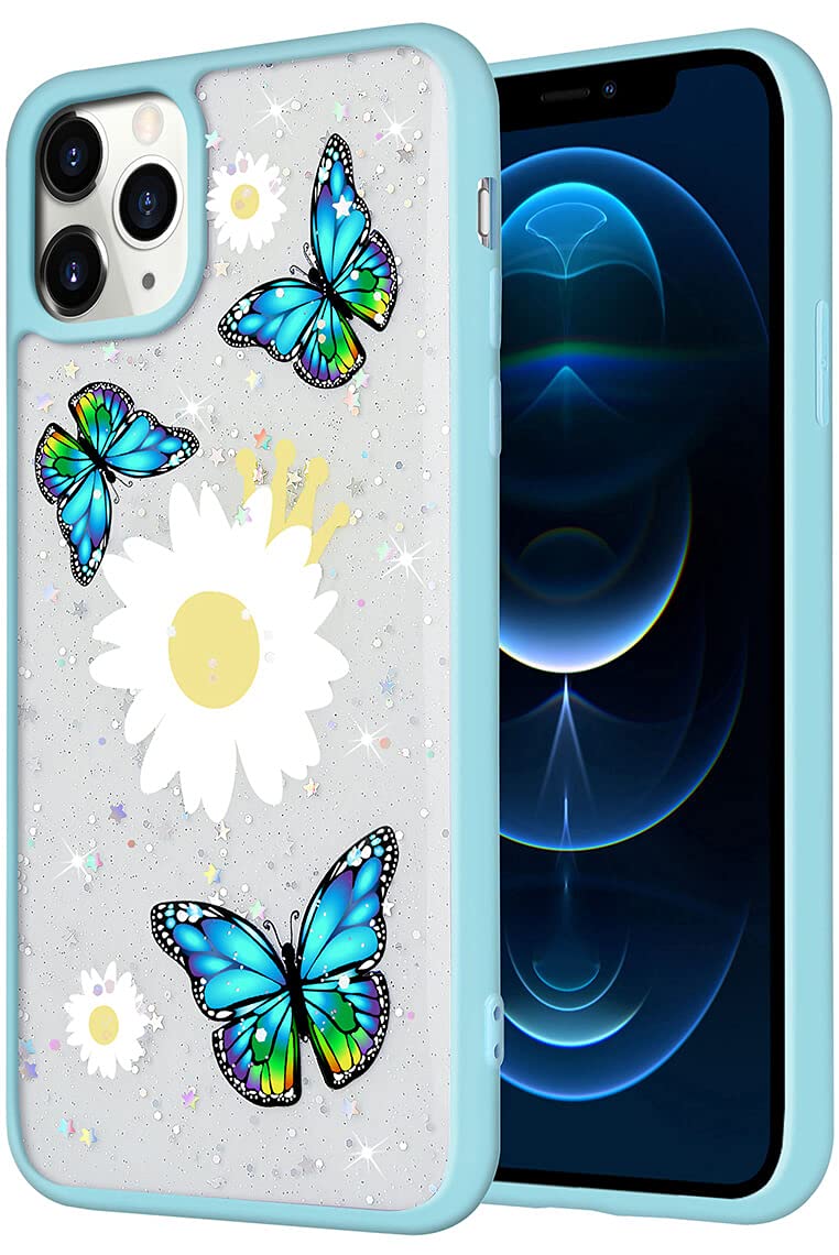 SUBESKING Compatible with iPhone 11 Case,Clear with Cute Glitter Sparkle Bling Stars Daisy Floral Flower Butterfly Pattern Design Soft TPU Slim Fit Protective Phone Cover for Women Girls Blue