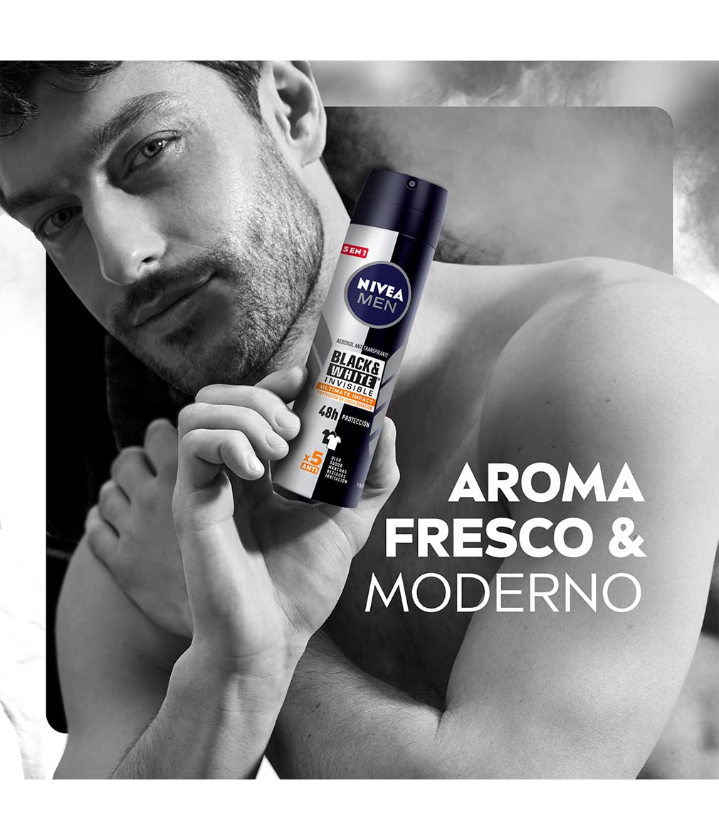 Nivea Men Black & White Invisible Ultimate Impact - Desodorante para hombre en spray antitranspirante 48h SkinActive Protection contra los malos olores, manchas de sudor, residuos, irritaciones – 8