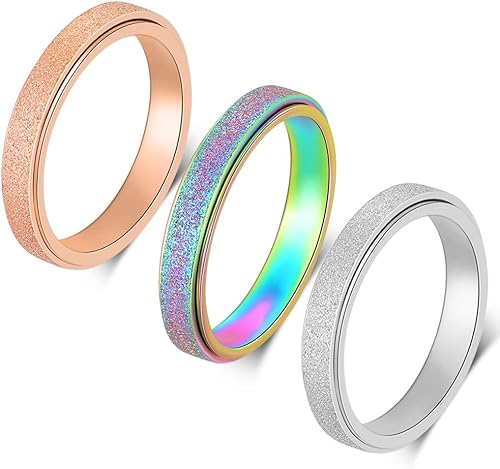 AmorArtSky Anillo de ansiedad para mujer, anillo para ansiedad, anillo giratorio para hombre, acero inoxidable de titanio, color plateado, arcoíris,