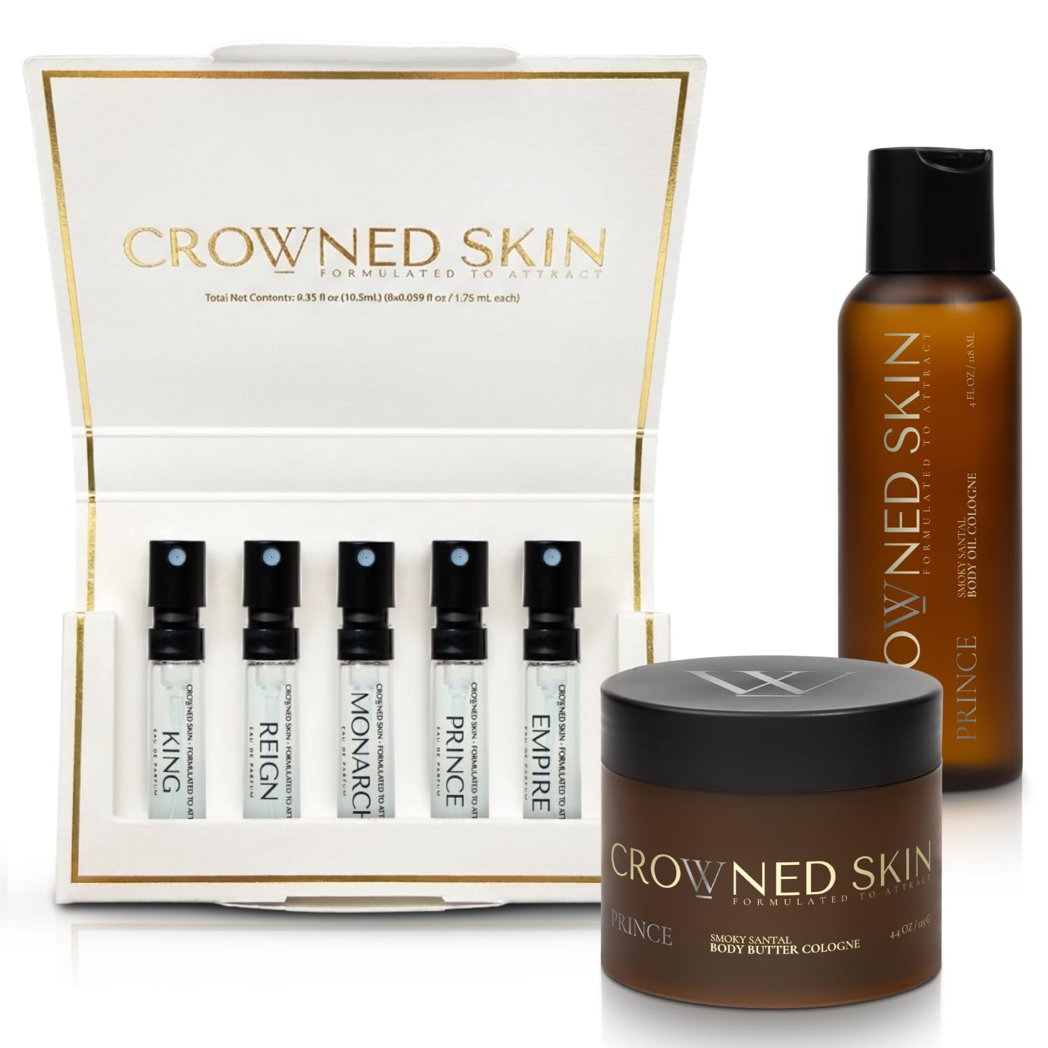 Crowned Skin Prince Body Butter Body Oil Mens Cologne Discovery Bundle Mens Travel Size Eau de Parfum Cologne