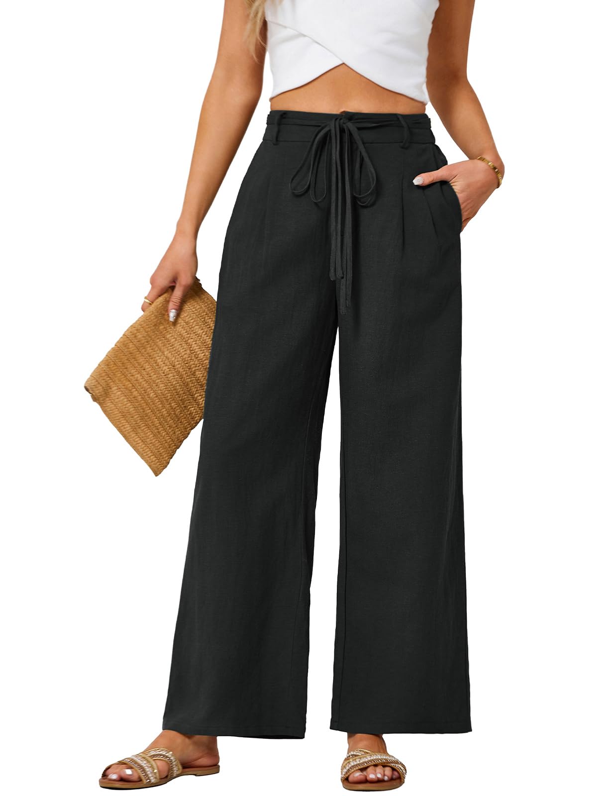 ( size:2XL) JASAMBAC Women's Linen Palazzo Lounge Pants High Waist Straight Wide Leg Summer Beach Causal Trousers with Double Belts