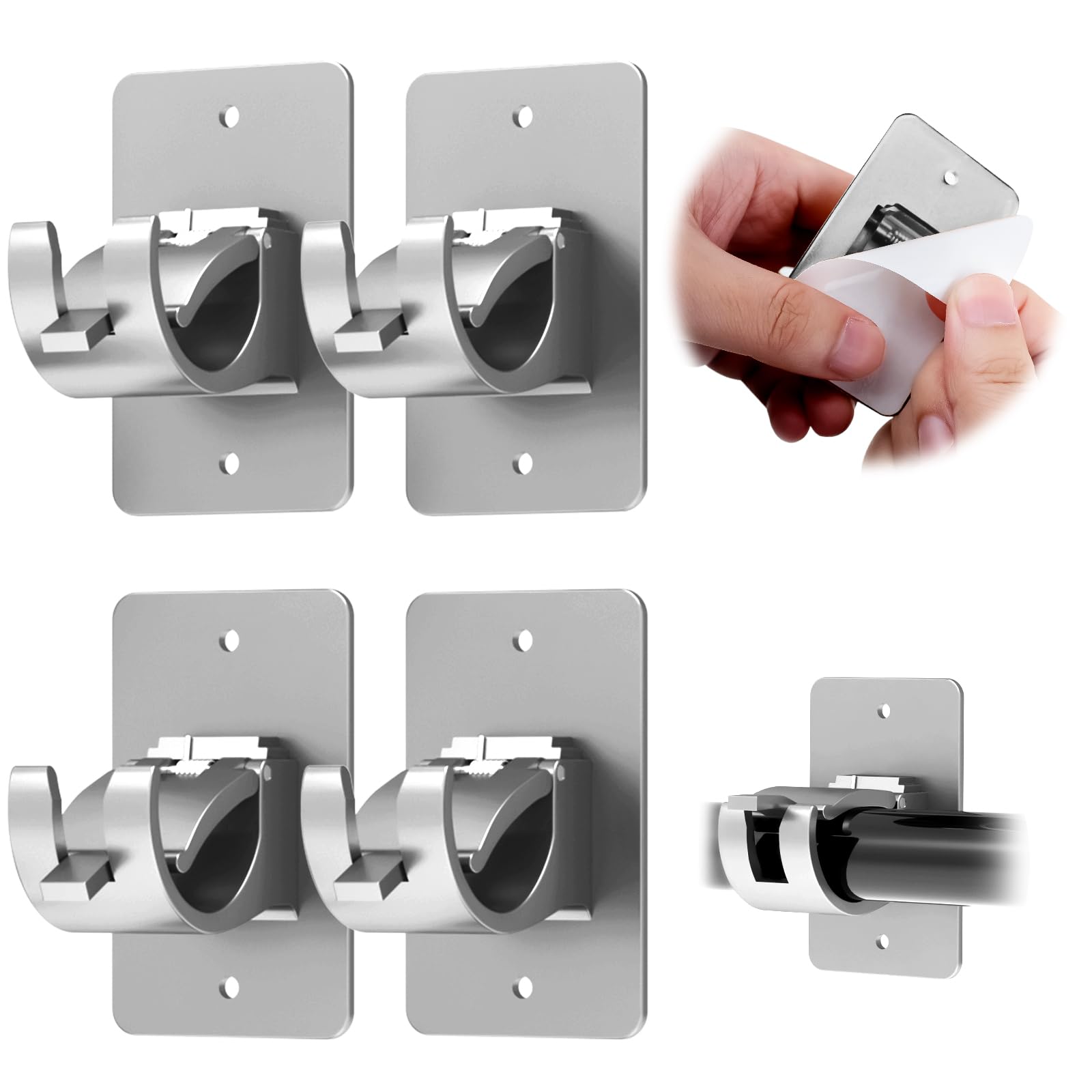 CIEMGNZOC 4PCS No Drill Curtain Brackets, Self-Adhesive Rods, Nail Free Adjustable Holders, Hooks for Rods Under 1.57 Inch (Silver)