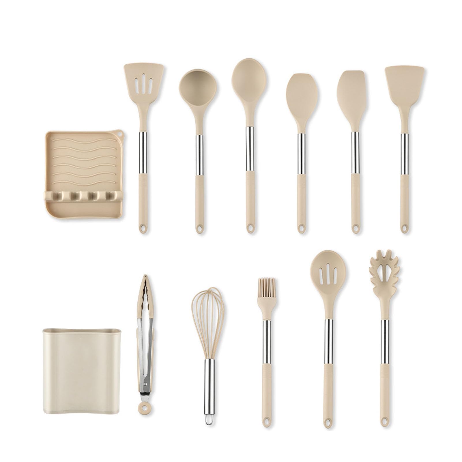 Generico 13-teiliges Küchenutensilien-Set aus Edelstahl und Silikon, Pfannenwender, Schöpflöffel, rutschfest, multifunktional, mit Aufbewahrungseimer