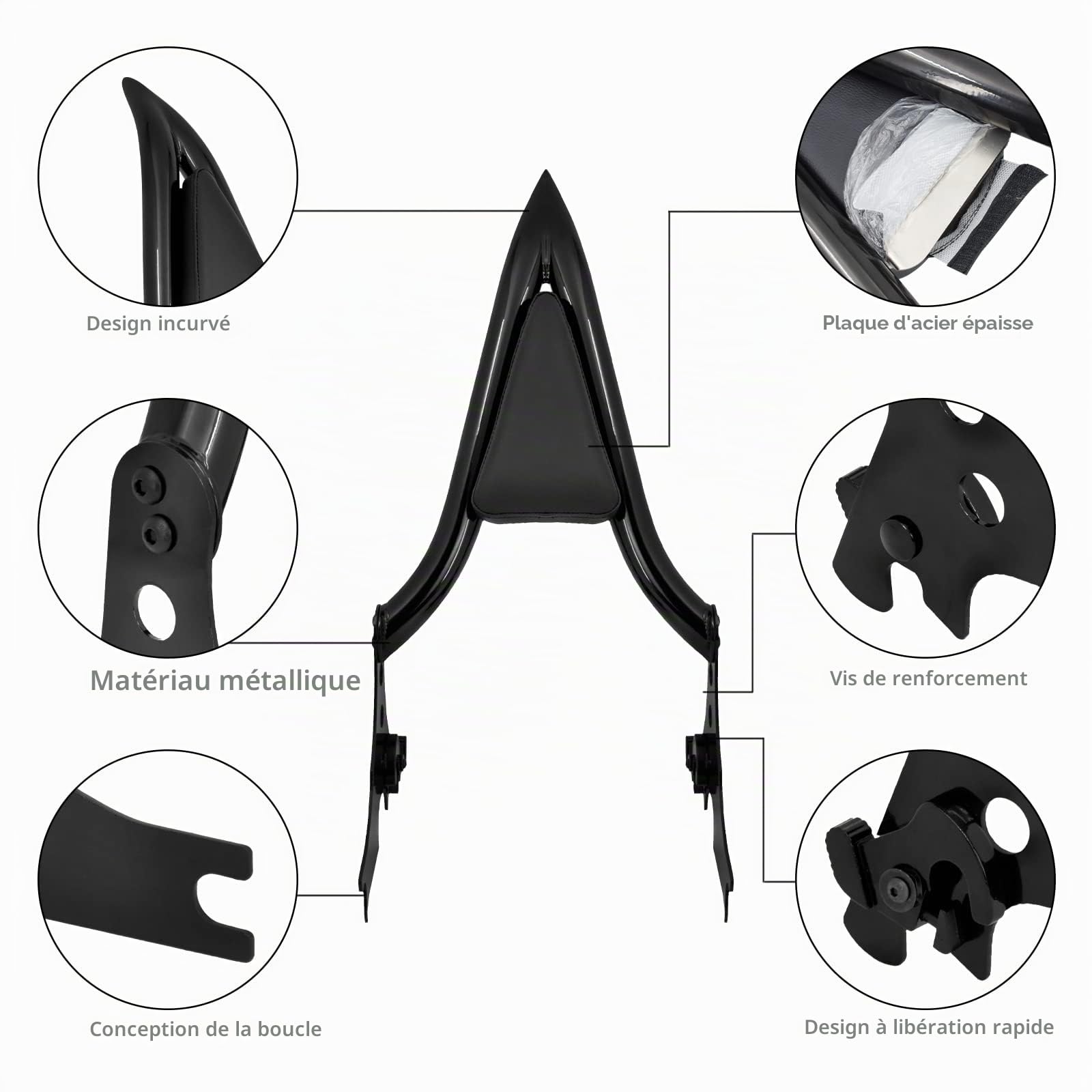 Dossier passager amovible pour moto Sissy Bar avec coussin - Pour Harley Sportster XL 883 1200 2004-2023 - Noir - 33 cm