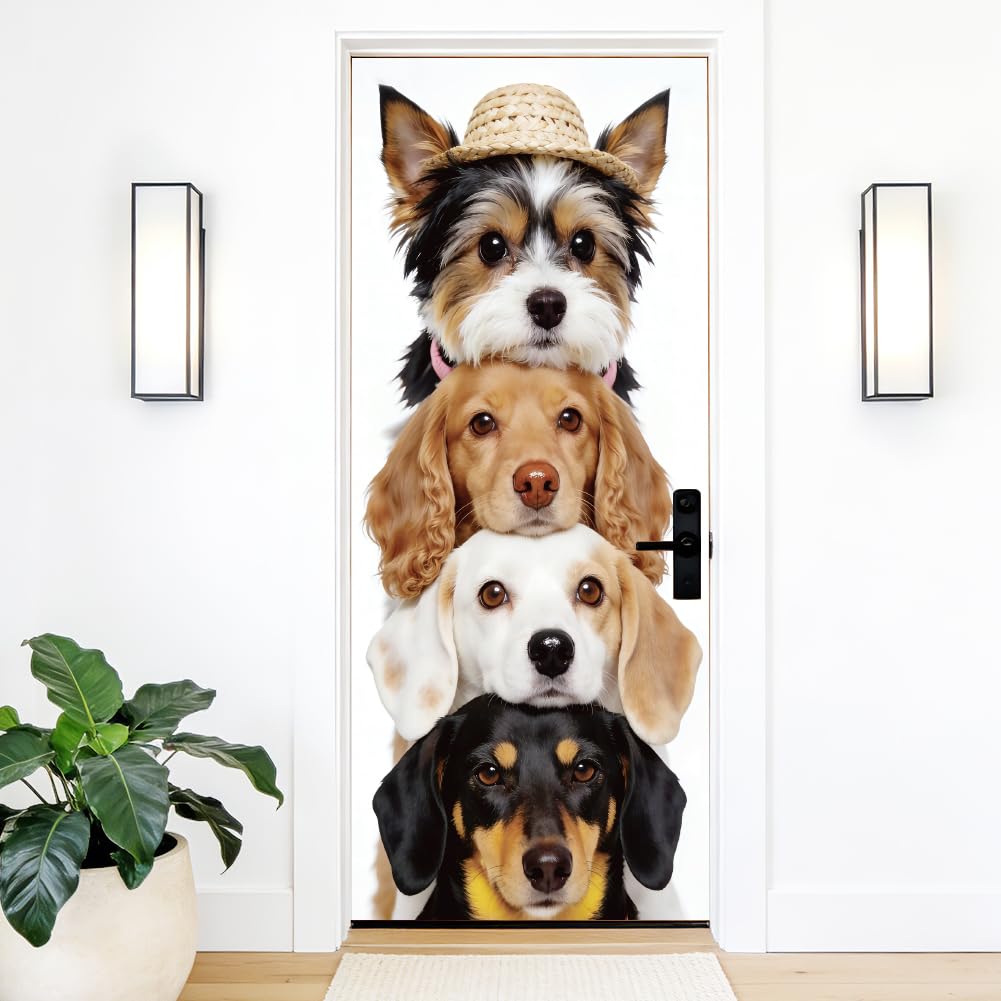 arricraft 2 Pcs Cute Pet Theme Self-Adhesive Door Sticker, 31.5"x78.7" Stacked Dogs Decorations Door Murals Stickers PVC Removable Wallpaper Decoration for Bedrooms Living Room
