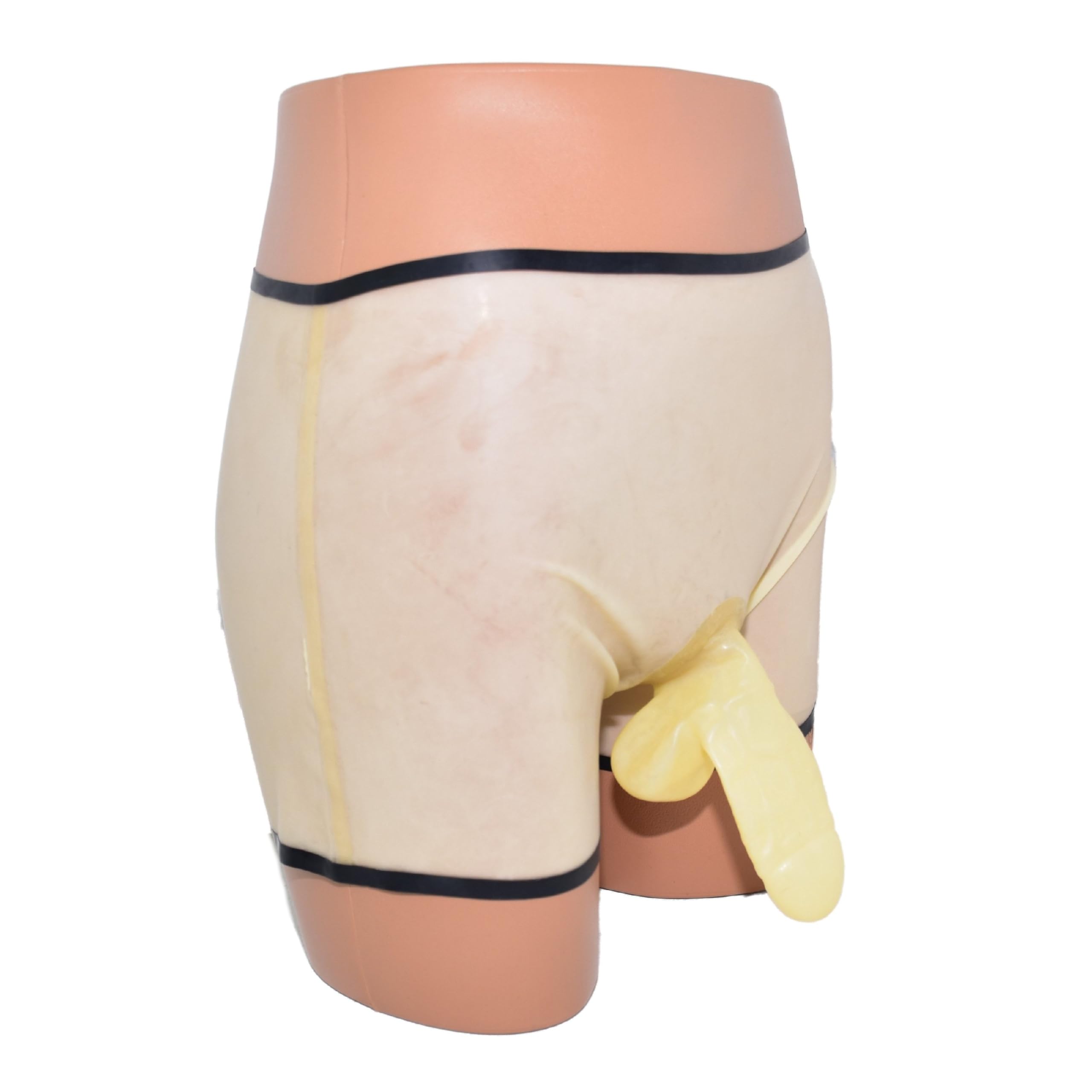 Pantalones cortos de látex con borde y condón. Talla: XXL, Transp., XXL