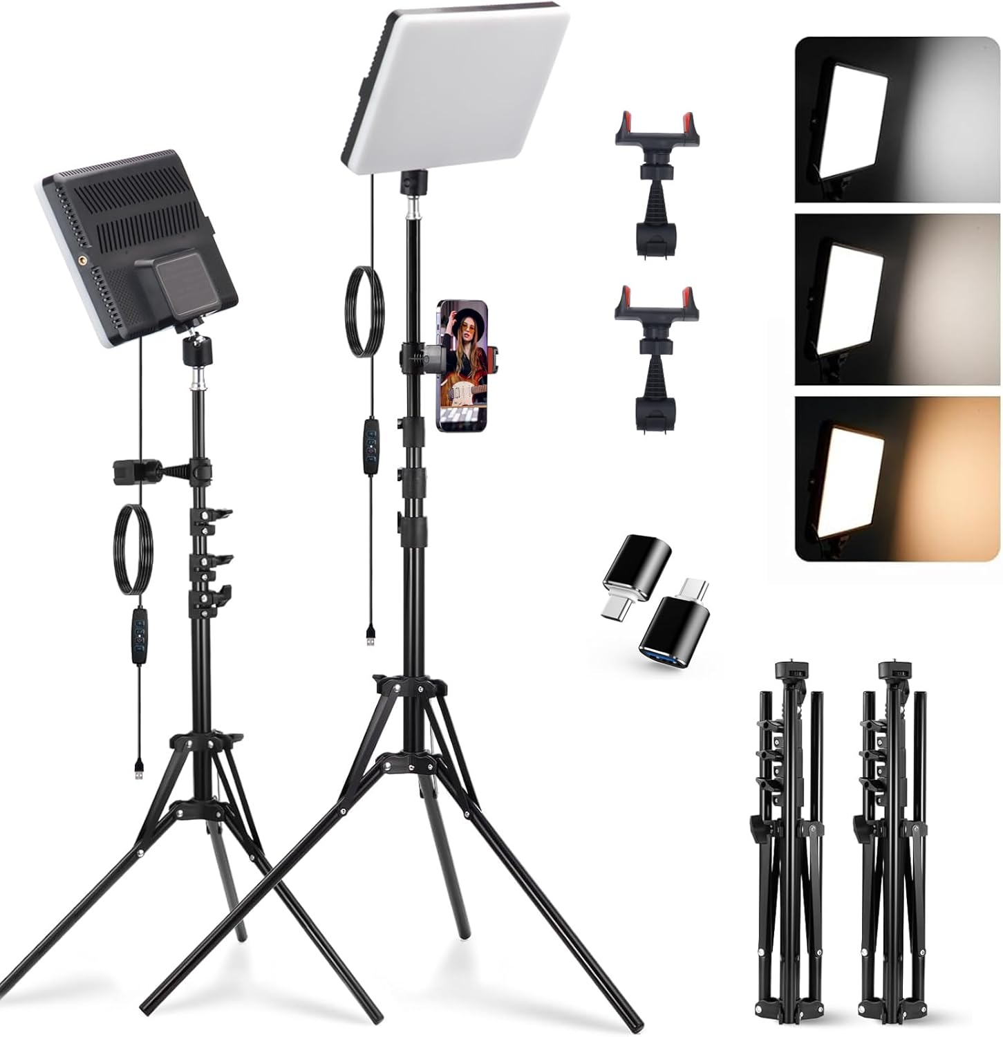 2-Pack USB-Powered Studio Lighting Kit | Velvora 28"-60" Adjustable Tripod Stand with Phone Holder | 2700-7500K Bi-Color Dimmable LED Panel for Live Streaming, YouTube Videos, 4K Filming
