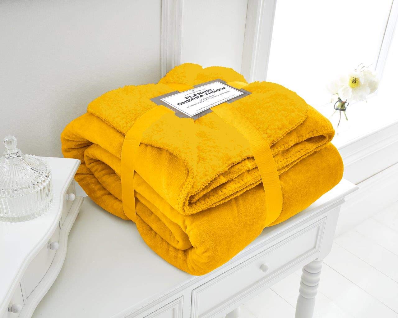 Luxury FLANNEL SHERPA FLEECE BLANKET THROW with MATCHING REVERSE Super Soft And Warm - Ideal As Sofa Bed Throw Blanket Bedspread Runner or Settee Cover (Ochre / Mustard, Medium: 150x200cm)