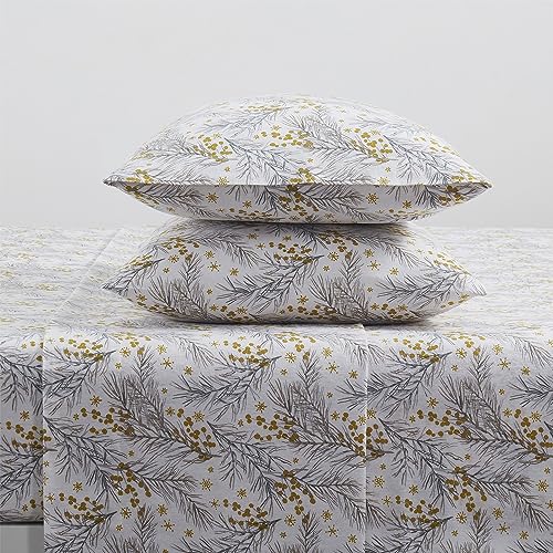 Image of Tahari Home - King Sheets, 4-Piece Cotton Flannel Bedding with Matching Pillowcases, Brushed for Extra Softness, Cozy Home Decor (Pine Gold, King)