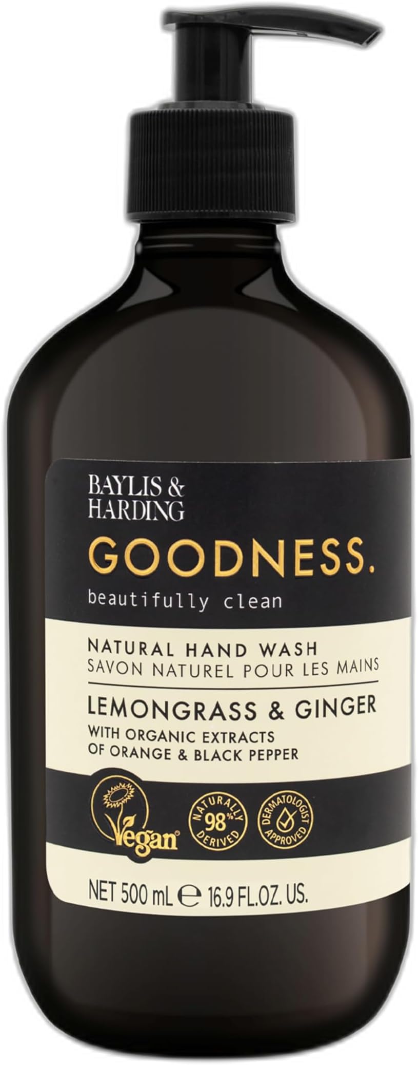 Goodness Lemongrass & Ginger Hand Wash, 500ml (Pack of 1) | Natural Formula with Organic Extracts and Essential Oils | Luxurious and Refreshing | Paraben Free | Vegan