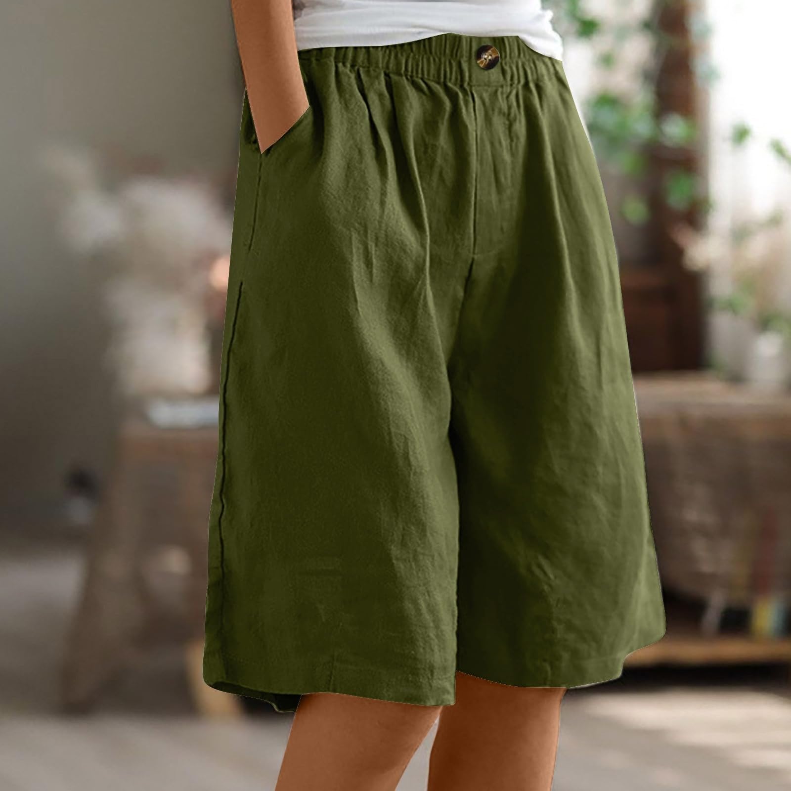 Bermuda Shorts for Women Knee Length High Waisted Comfy Cotton Linen Shorts Casual Long Beach Short with Pockets Casual Baggy Linen Pedal Pushers Trendy Summer Pants for Women 2025 Army Green