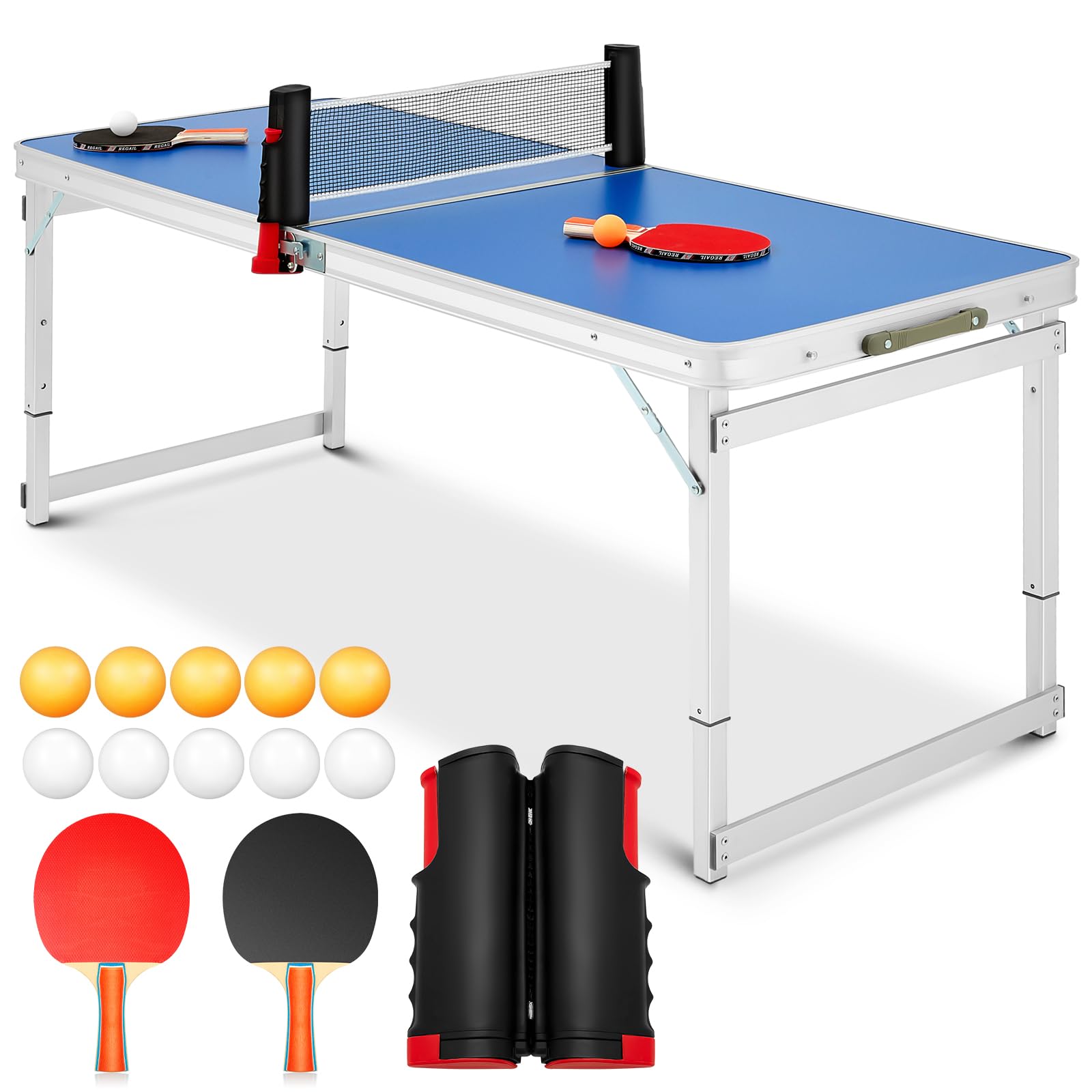 Pinkunn Table Tennis Table Kids Portable Foldable Table Tennis Game Set with 2 Table Tennis Paddles 10 Table Tennis Balls and 1 Net Height Adjustable Compact Storage Fits in Most Closets