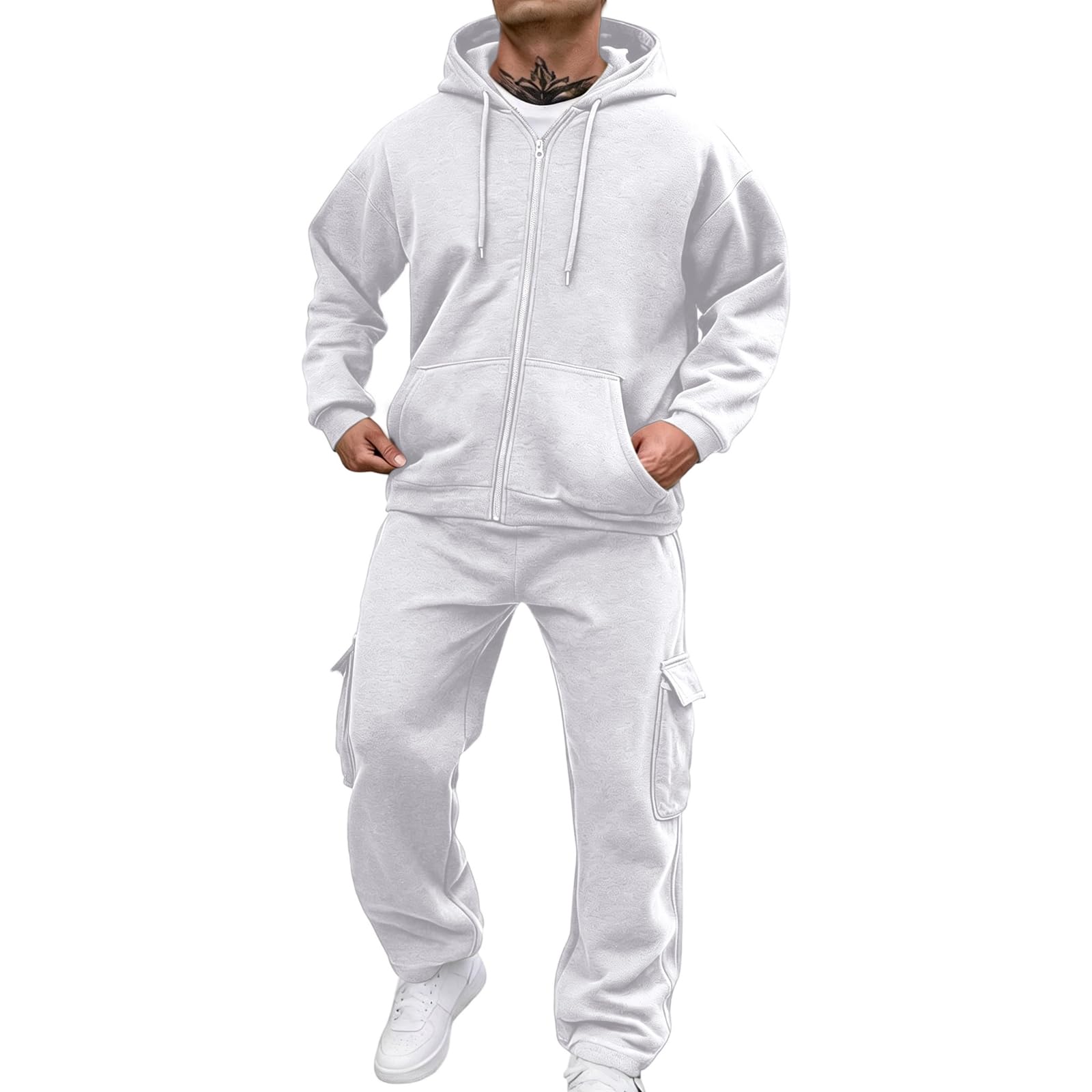 Mens Track Suit Full Zip 2 Piece Hoodie and Sweatpants Cargo Pockets
